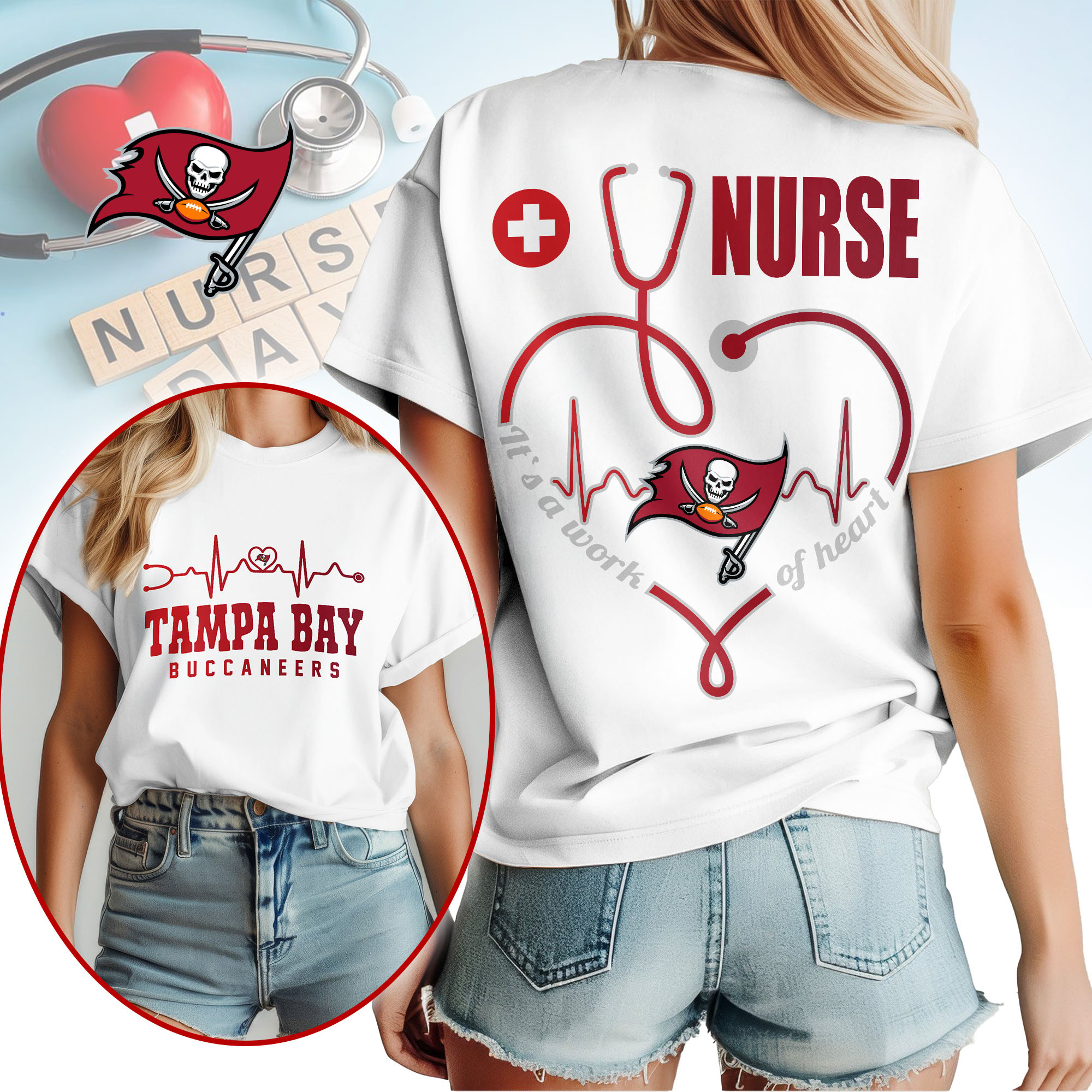 Tampa Bay Buccaneers | Premium NFL Nurse Heartbeat 3D T-Shirt TTH200586 - Image 2