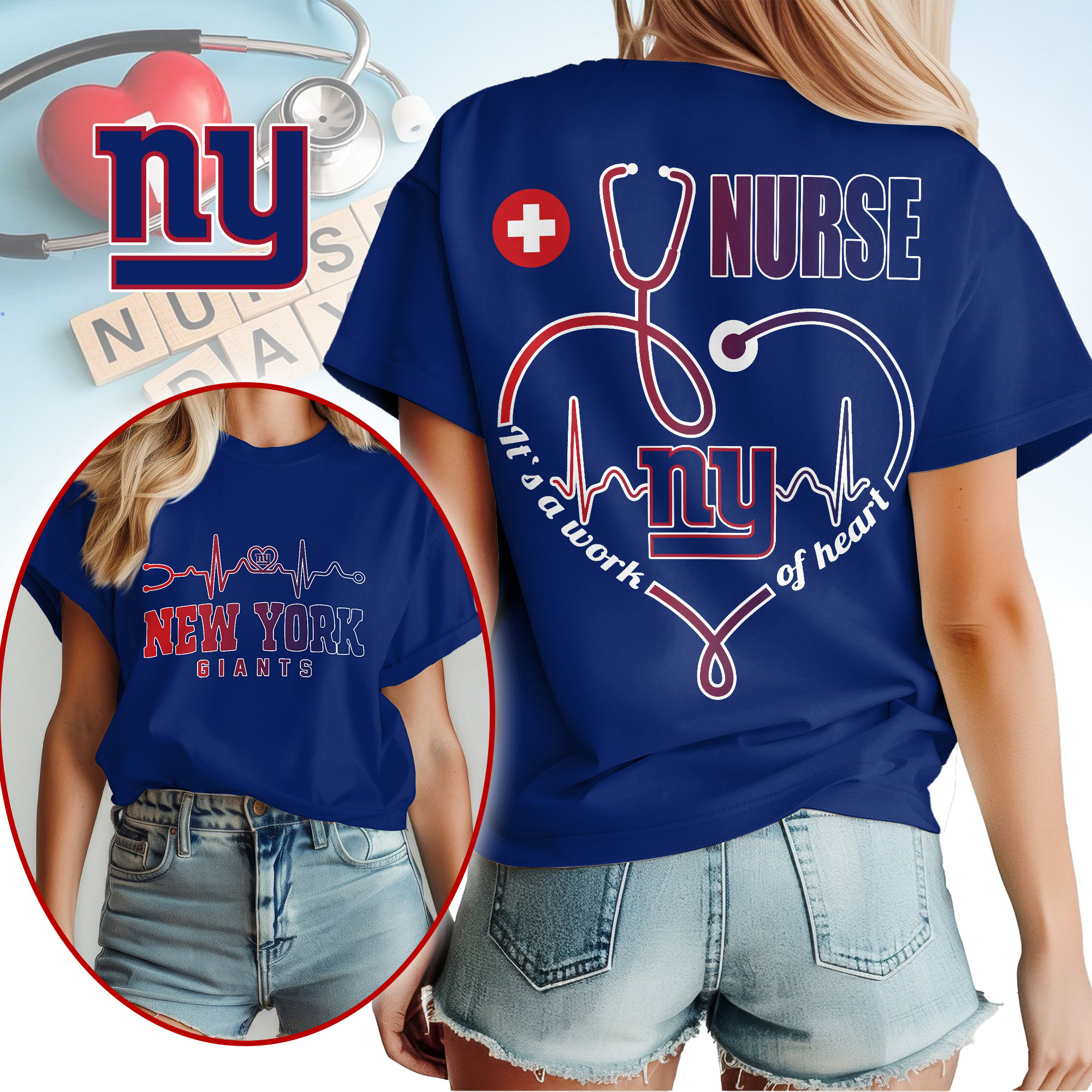 New York Giants | Premium NFL Nurse Heartbeat 3D T-Shirt TTH200586 - Image 3
