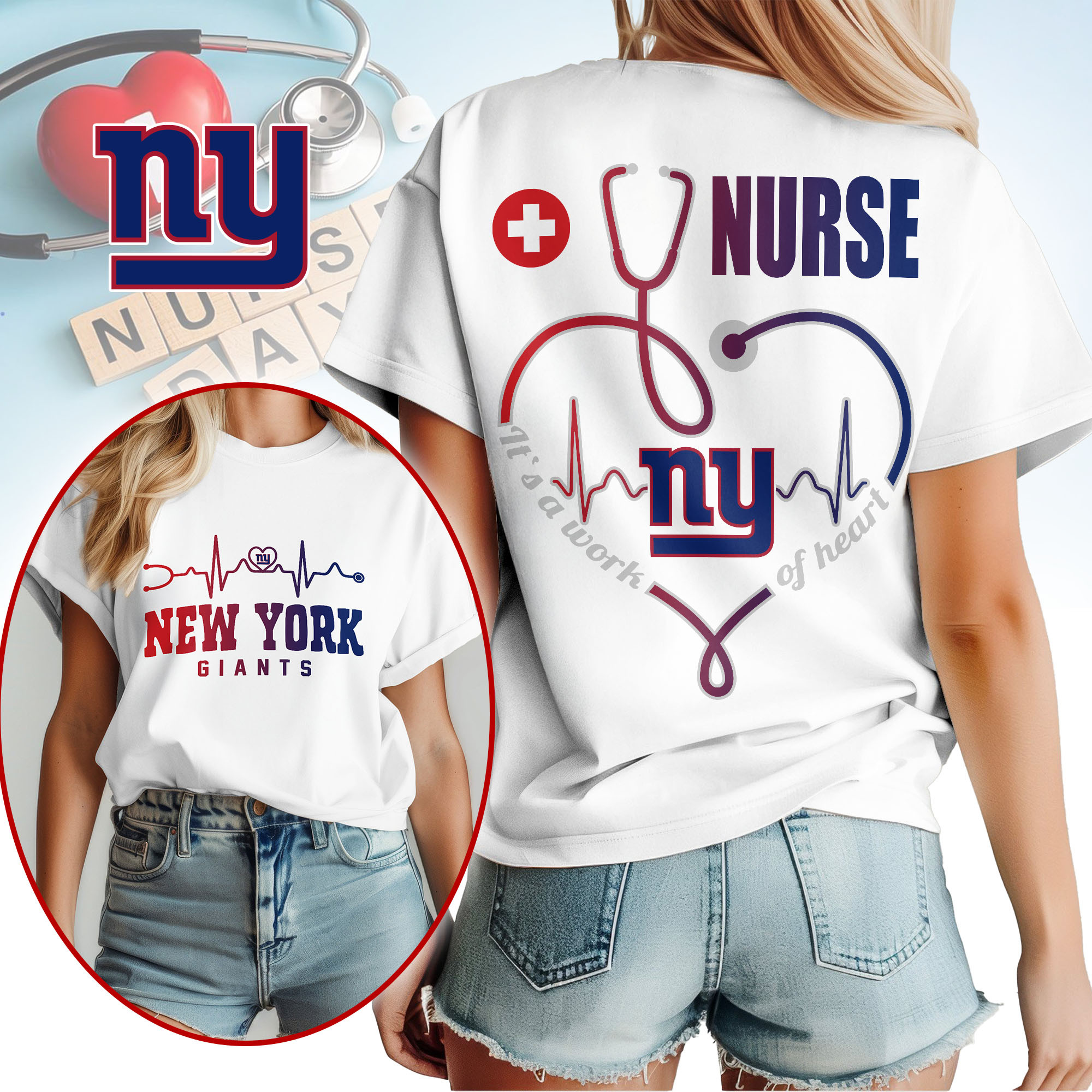 New York Giants | Premium NFL Nurse Heartbeat 3D T-Shirt TTH200586 - Image 2