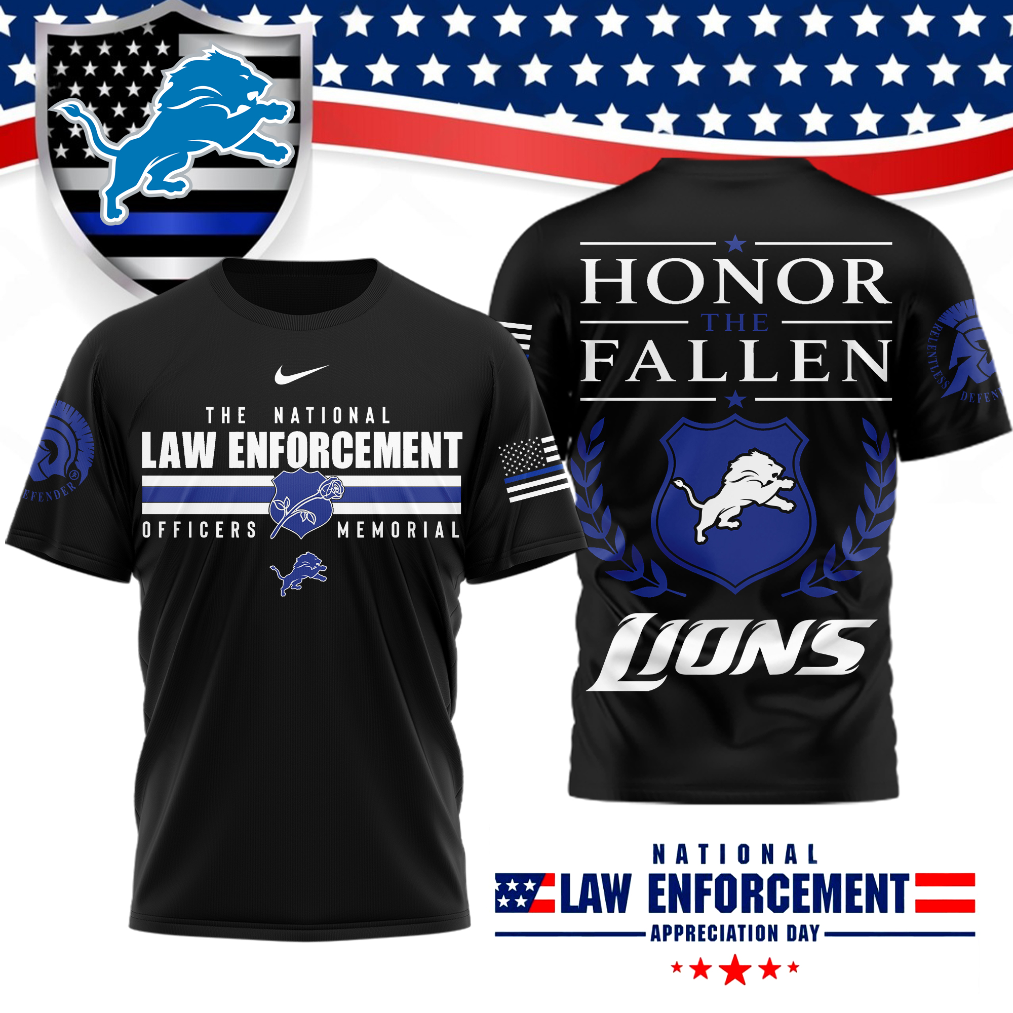 Detroit Lions x Premium NFL The National Law Enforcement 3D T-Shirt – Limited Edition TTH200525 - Image 2