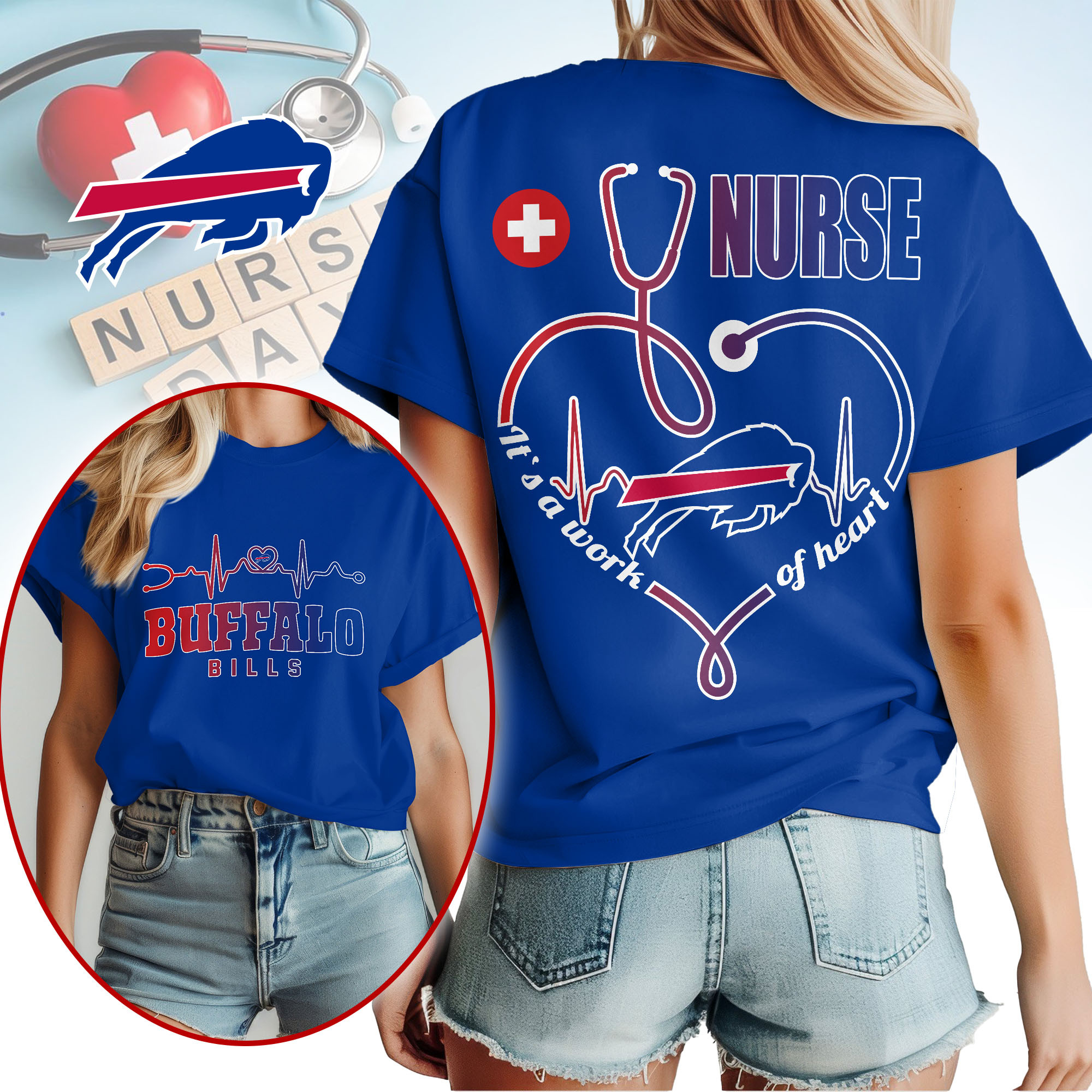 Buffalo Bills | Premium NFL Nurse Heartbeat 3D T-Shirt TTH200586 - Image 3