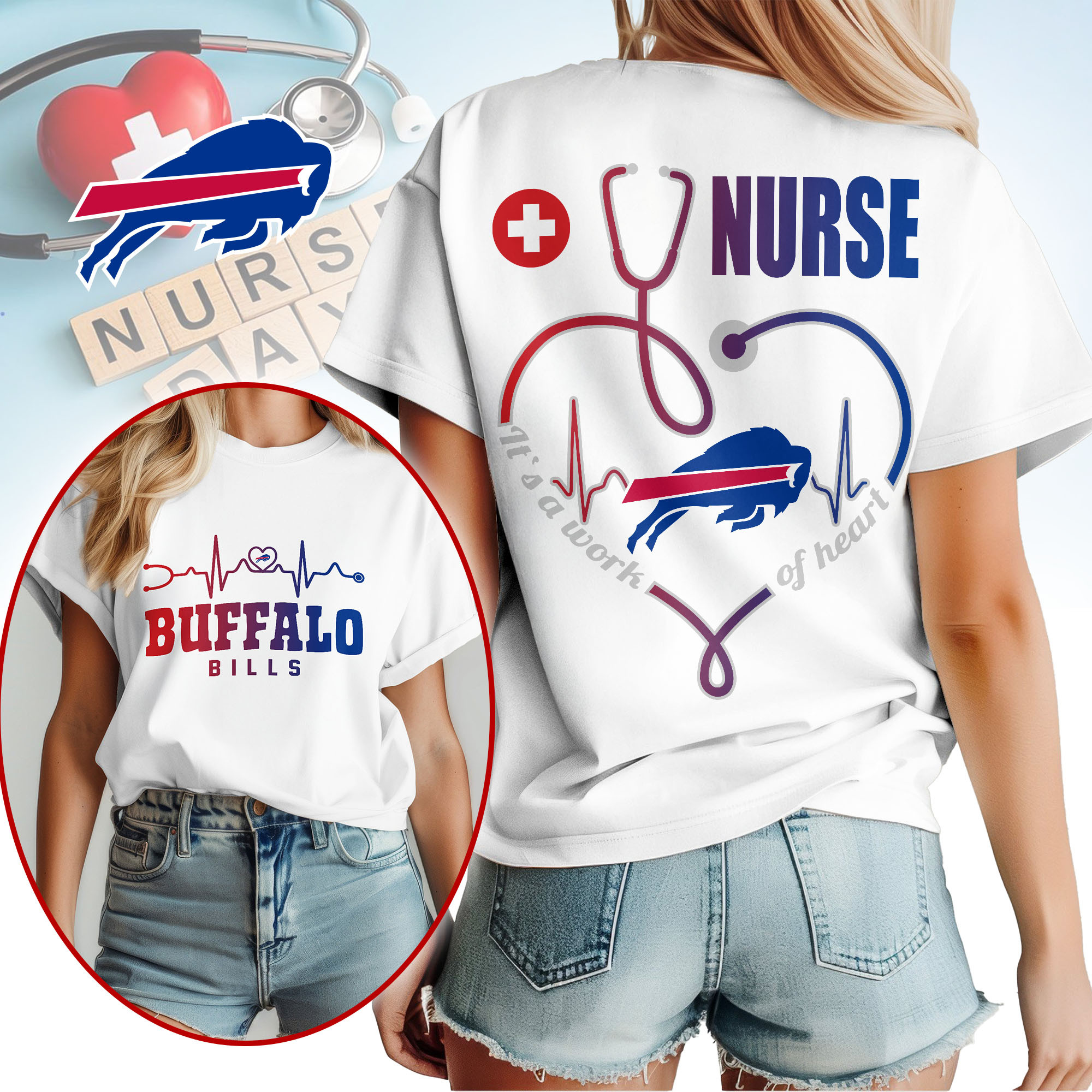 Buffalo Bills | Premium NFL Nurse Heartbeat 3D T-Shirt TTH200586 - Image 2