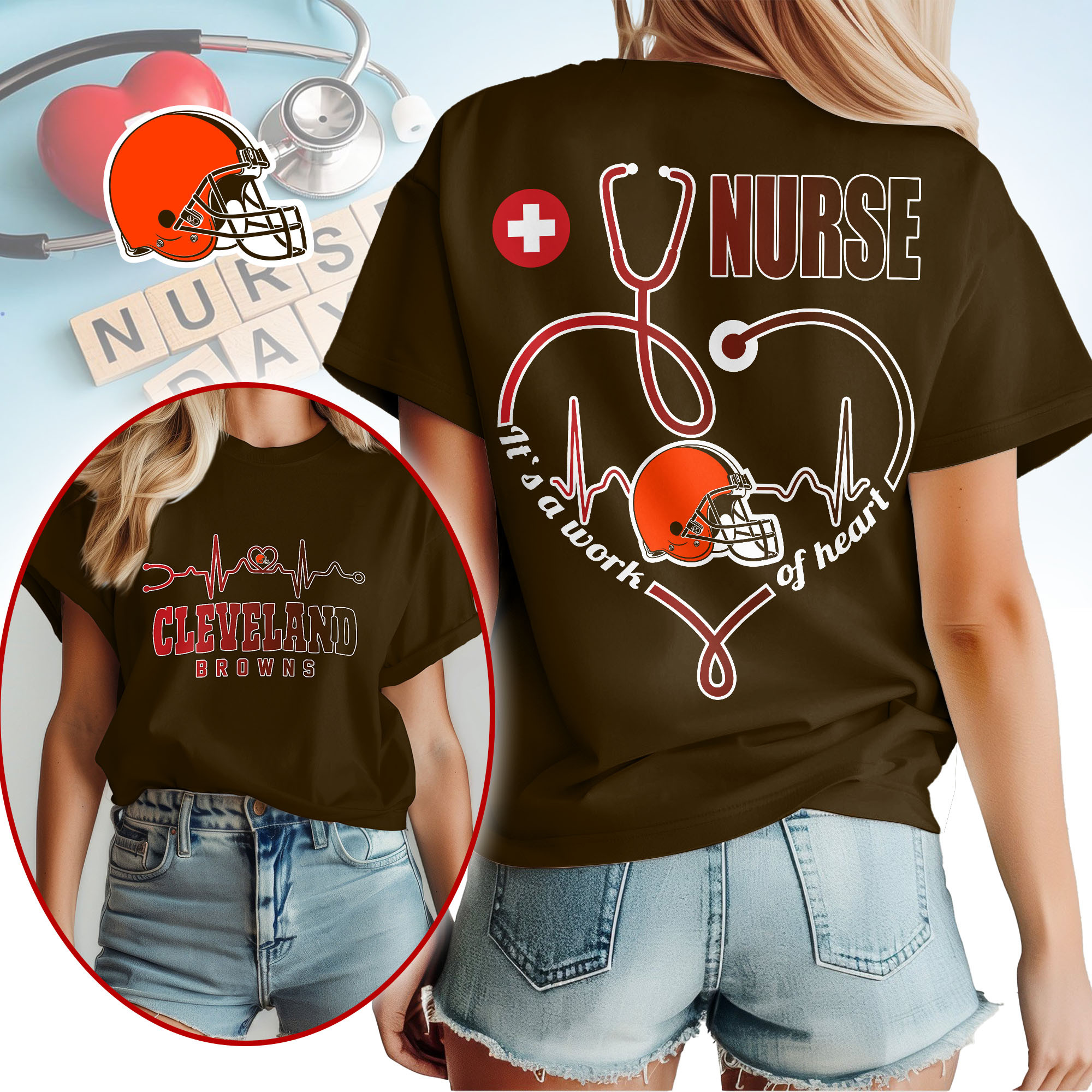 Cleveland Browns | Premium NFL Nurse Heartbeat 3D T-Shirt TTH200586 - Image 3