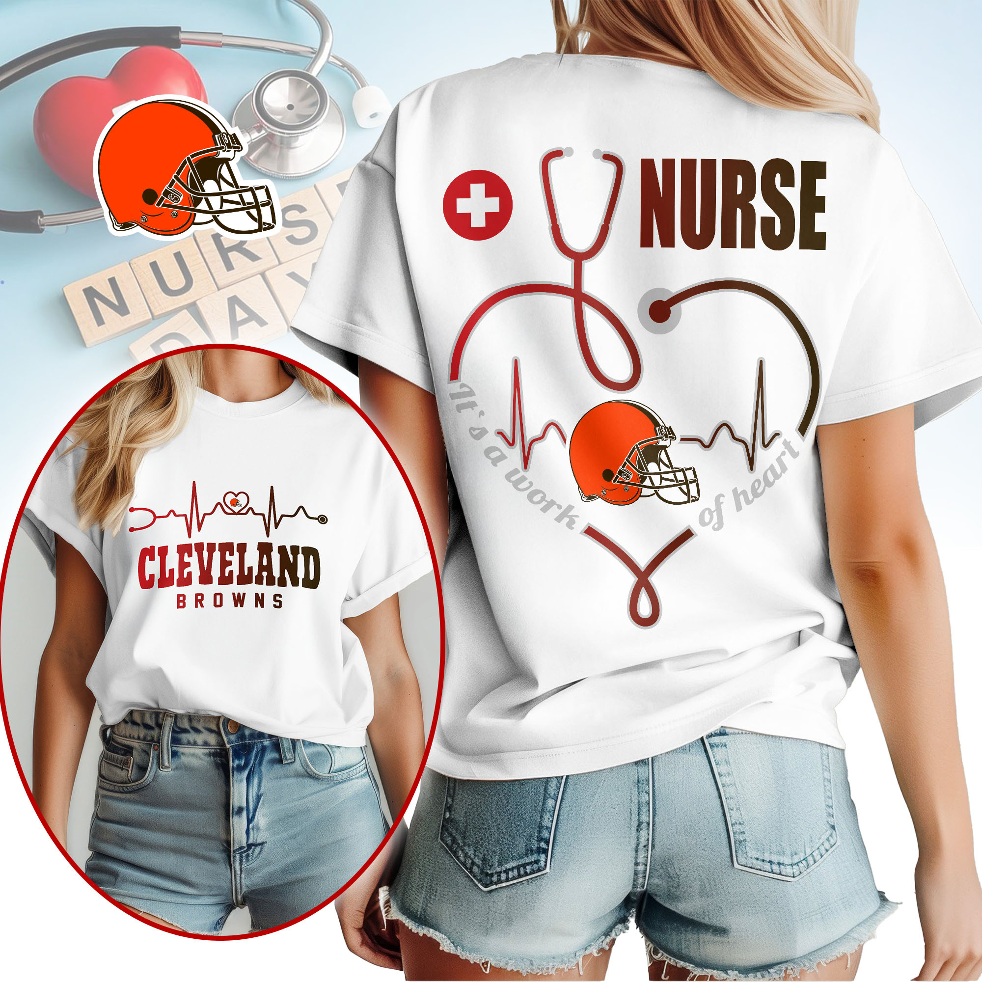 Cleveland Browns | Premium NFL Nurse Heartbeat 3D T-Shirt TTH200586 - Image 2