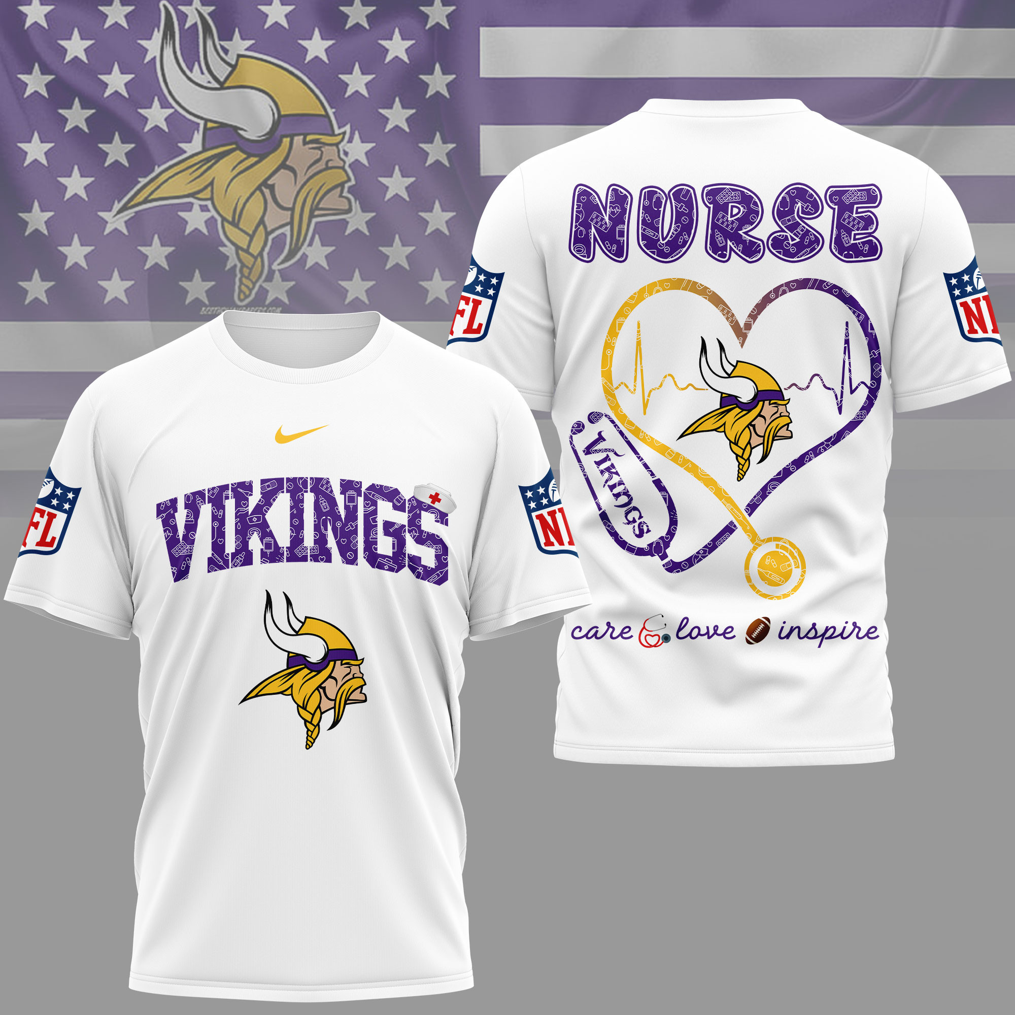 Minnesota Vikings x Premium NFL Nurse Love Football 3D T-Shirt – Limited Edition TTH200522 - Image 2