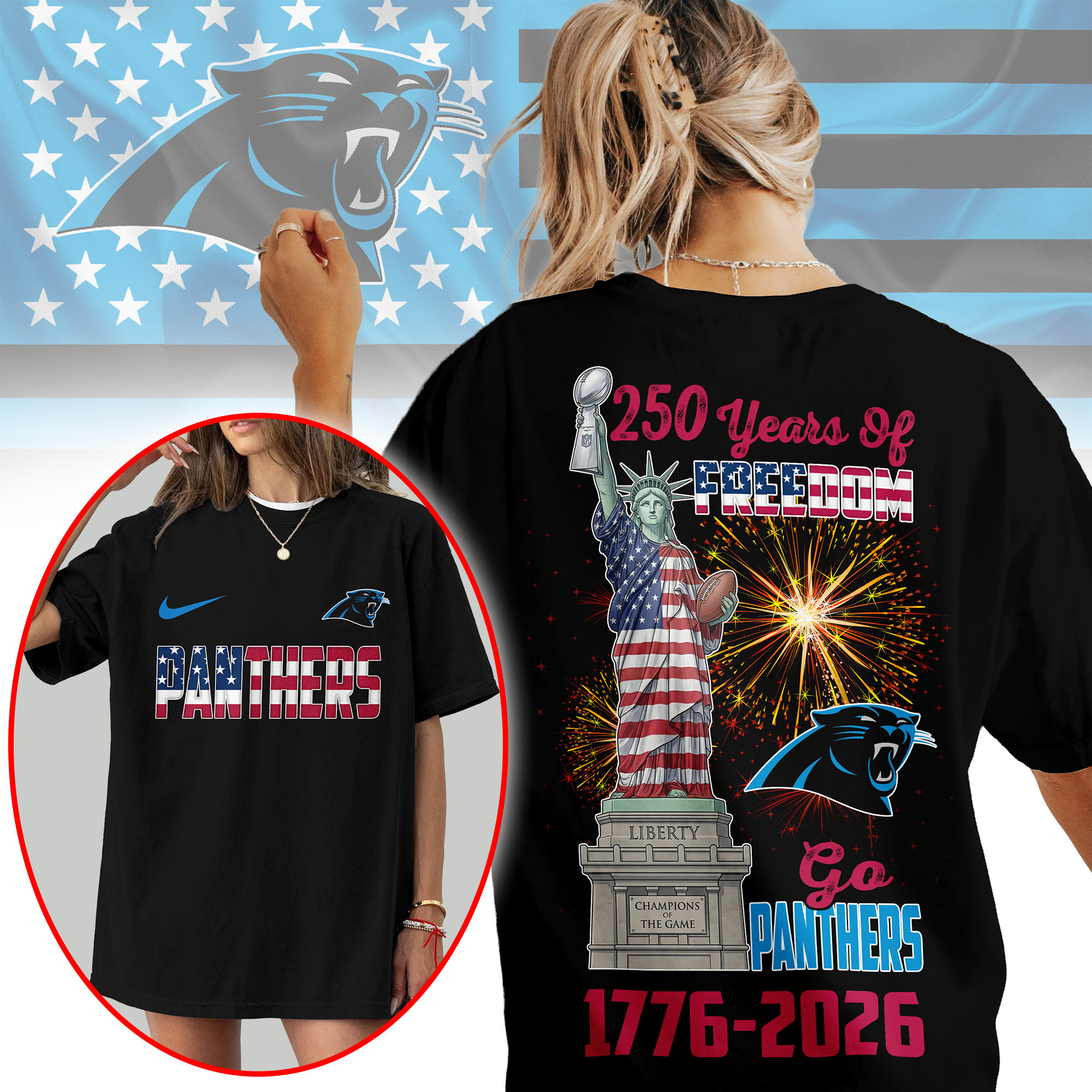 Carolina Panthers | Premium NFL Statue Of Liberty 250th Anniversary 3D Shirt TTH210523