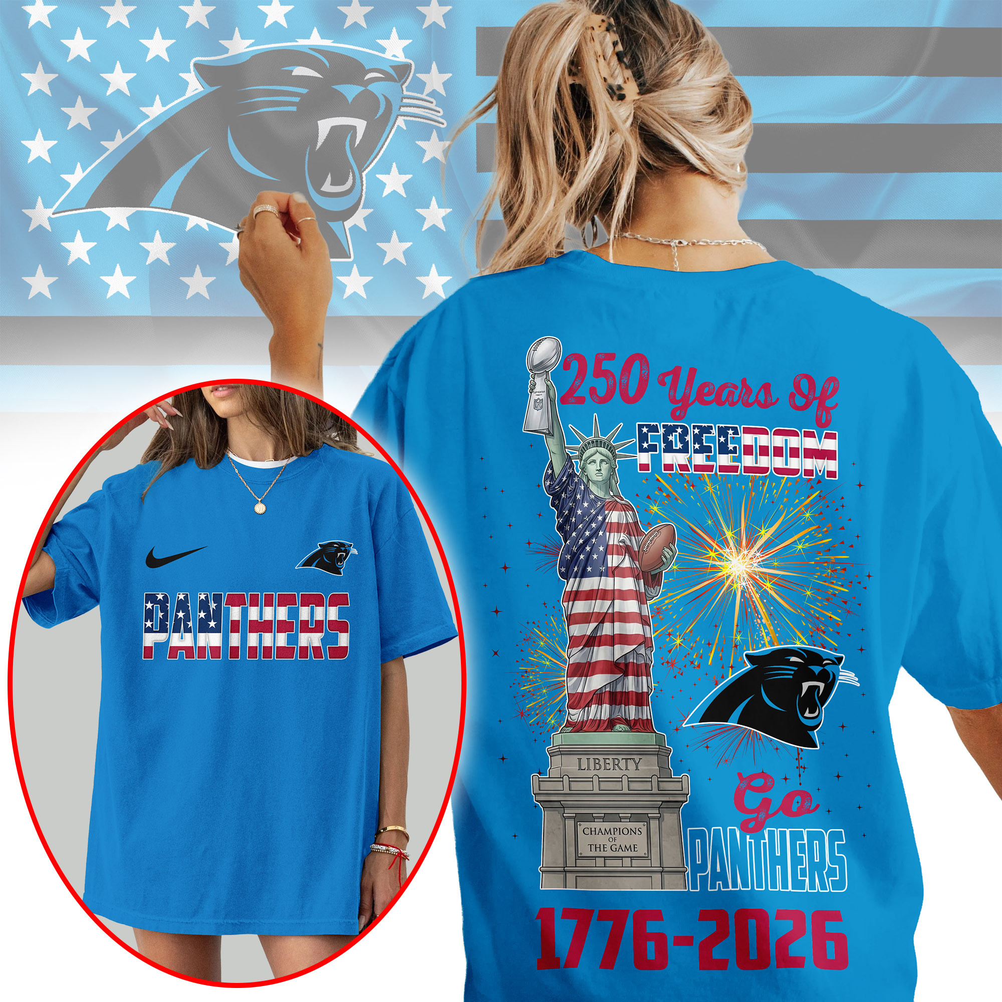 Carolina Panthers | Premium NFL Statue Of Liberty 250th Anniversary 3D Shirt TTH210523 - Image 2