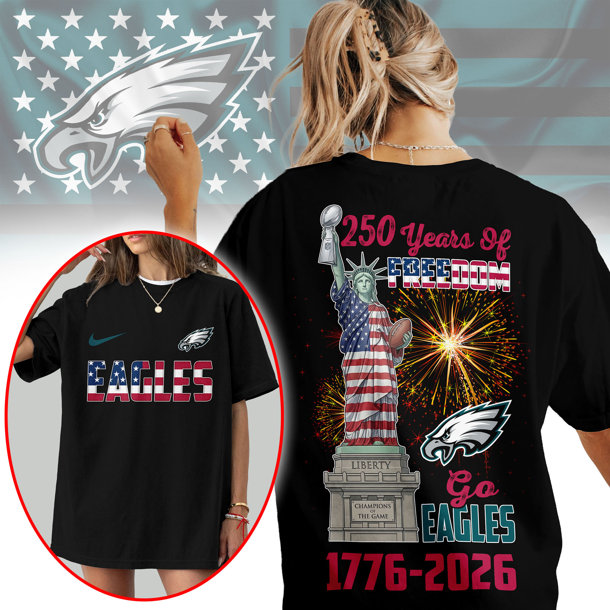 Philadelphia Eagles | Premium NFL Statue Of Liberty 250th Anniversary 3D Shirt TTH210523