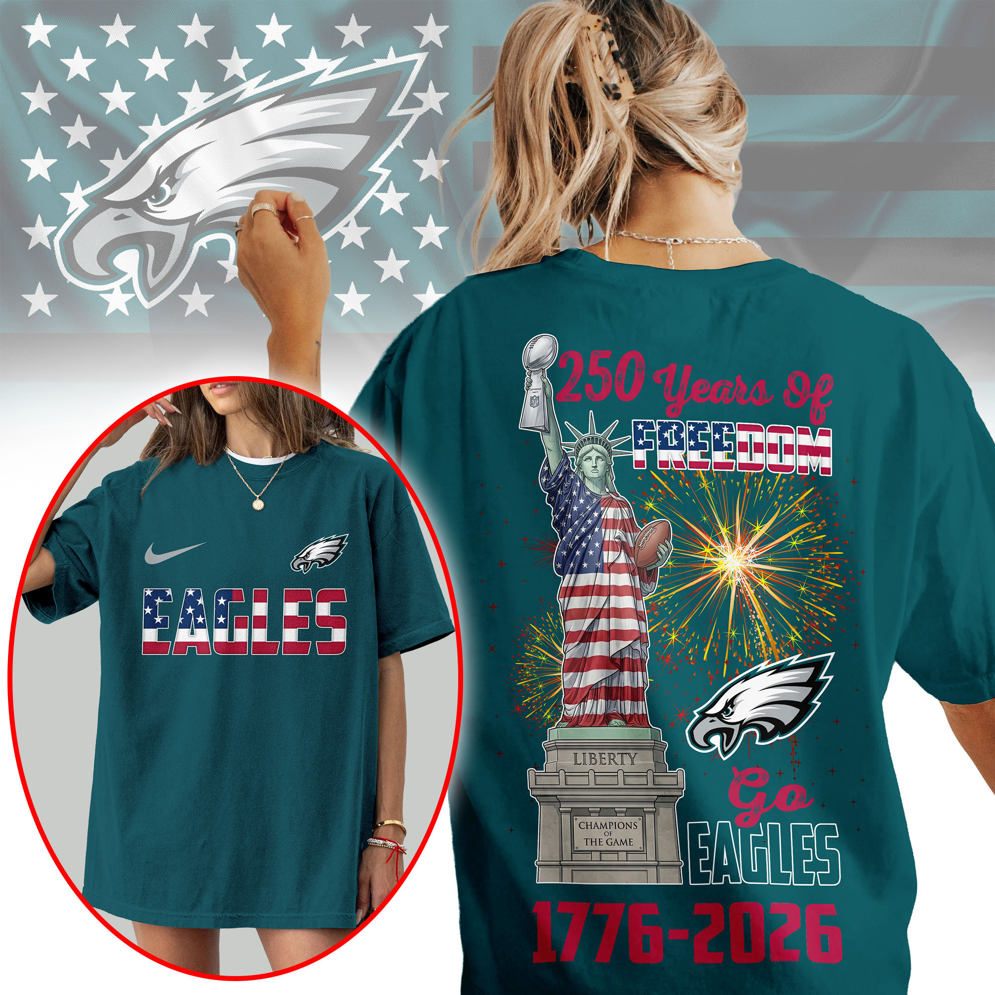 Philadelphia Eagles | Premium NFL Statue Of Liberty 250th Anniversary 3D Shirt TTH210523 - Image 2
