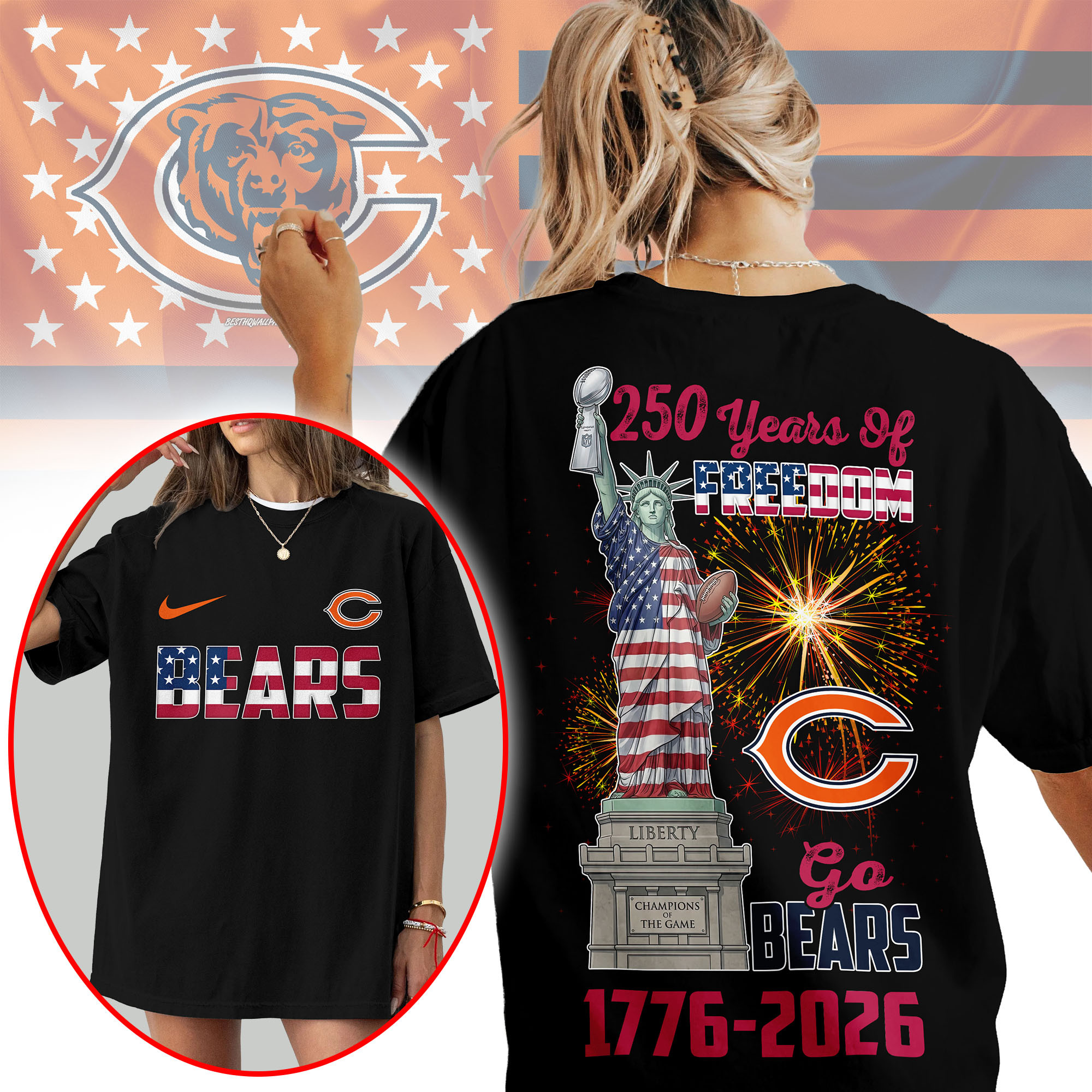Chicago Bears | Premium NFL Statue Of Liberty 250th Anniversary 3D Shirt TTH210523