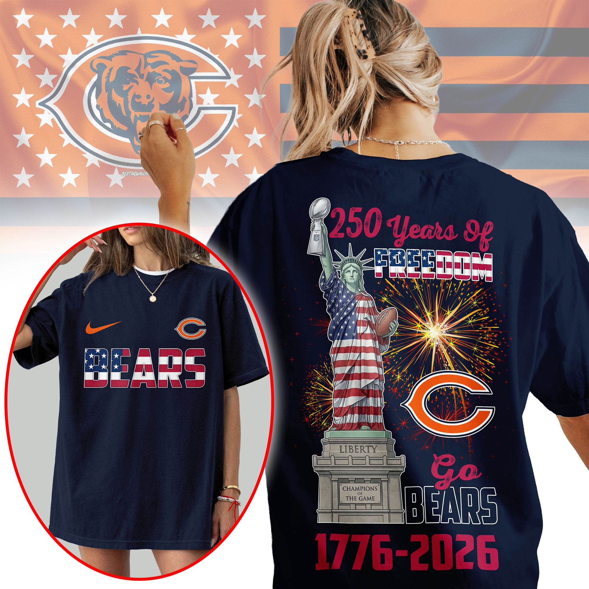 Chicago Bears | Premium NFL Statue Of Liberty 250th Anniversary 3D Shirt TTH210523 - Image 2