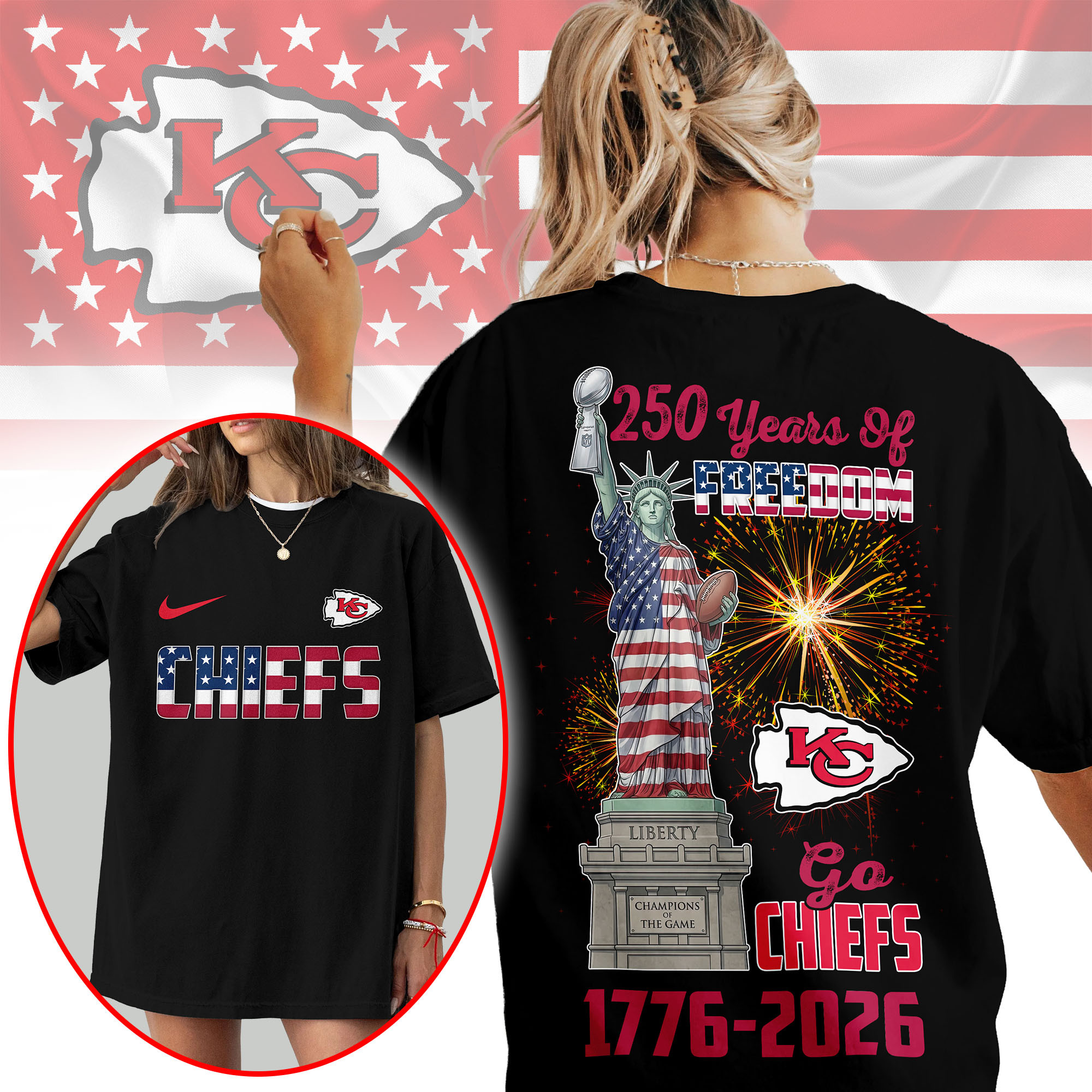 Kansas City Chiefs | Premium NFL Statue Of Liberty 250th Anniversary 3D Shirt TTH210523