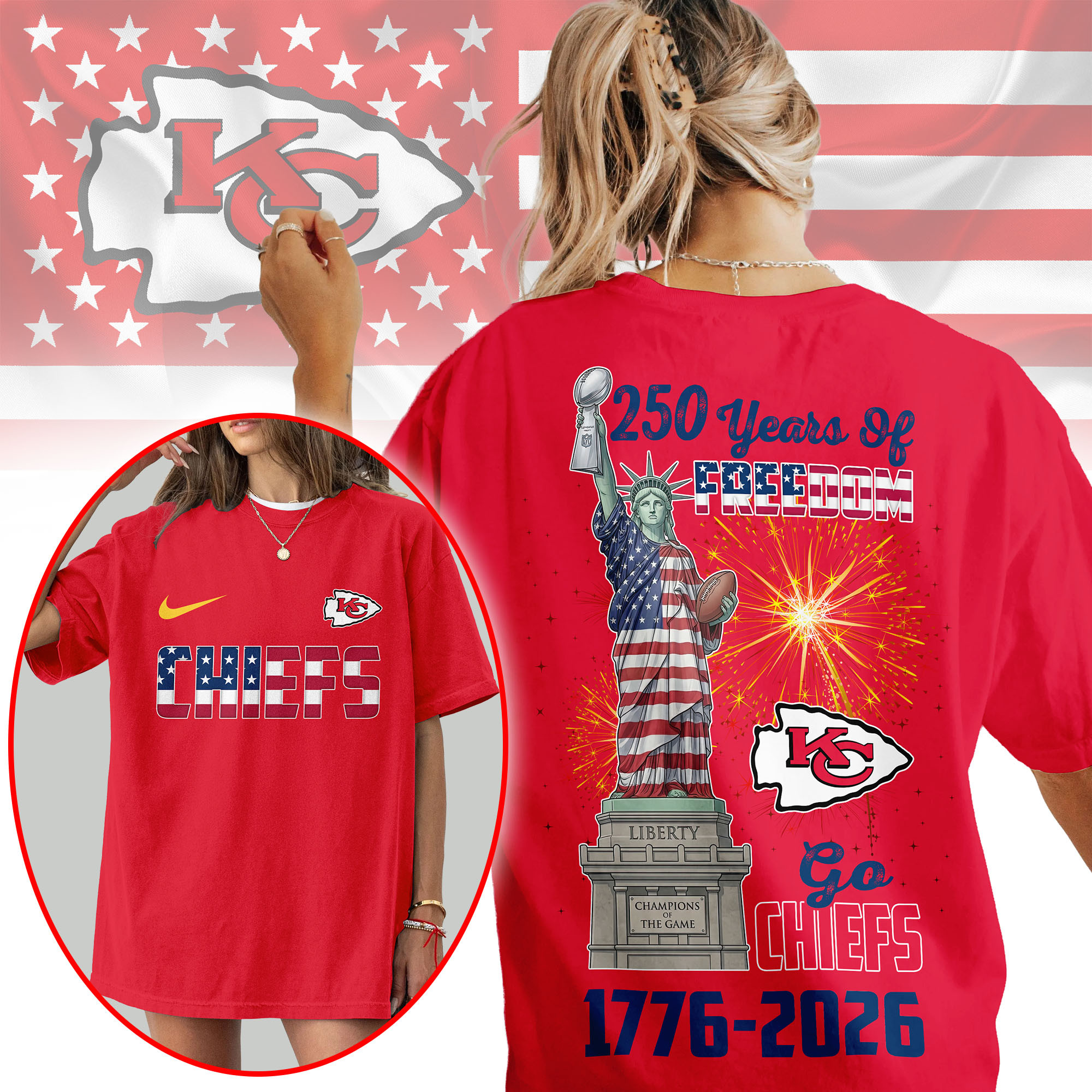 Kansas City Chiefs | Premium NFL Statue Of Liberty 250th Anniversary 3D Shirt TTH210523 - Image 2