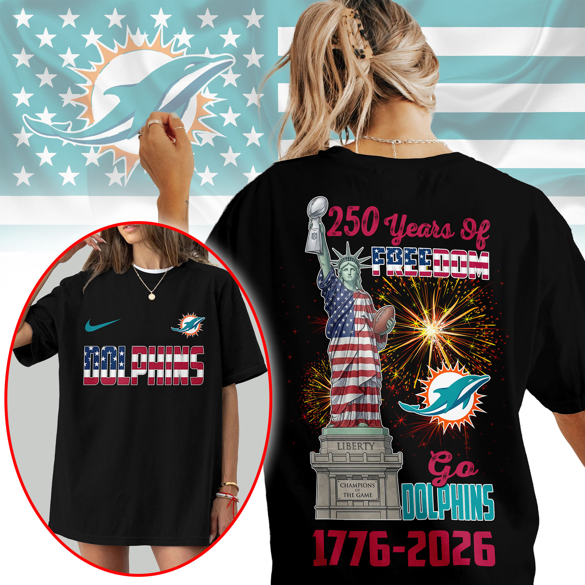 Miami Dolphins | Premium NFL Statue Of Liberty 250th Anniversary 3D Shirt TTH210523