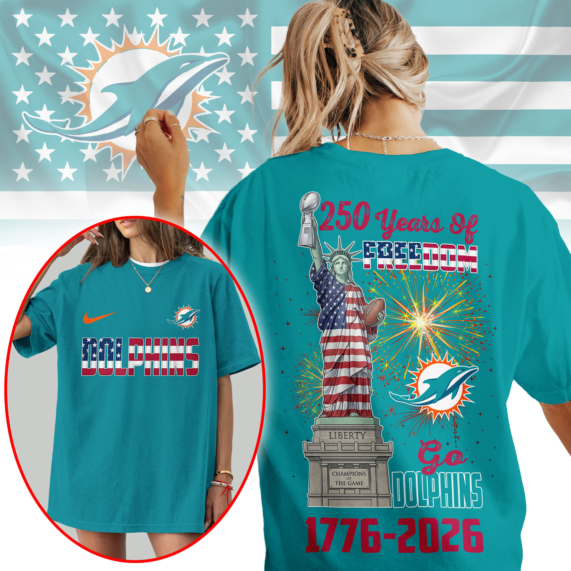 Miami Dolphins | Premium NFL Statue Of Liberty 250th Anniversary 3D Shirt TTH210523 - Image 2