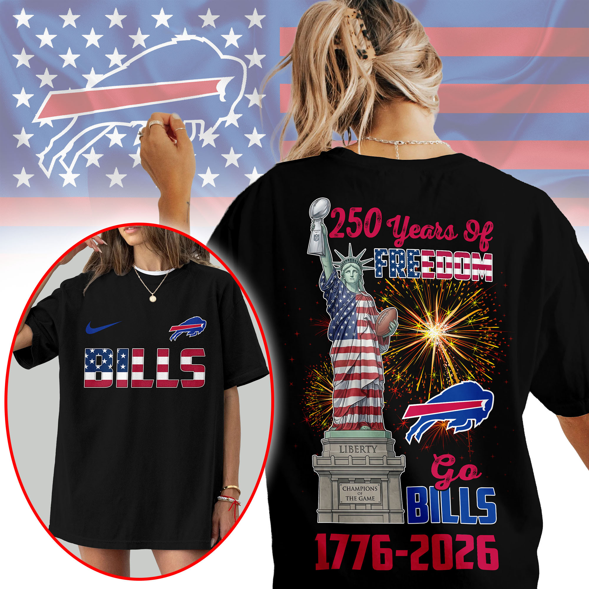 Buffalo Bills | Premium NFL Statue Of Liberty 250th Anniversary 3D Shirt TTH210523