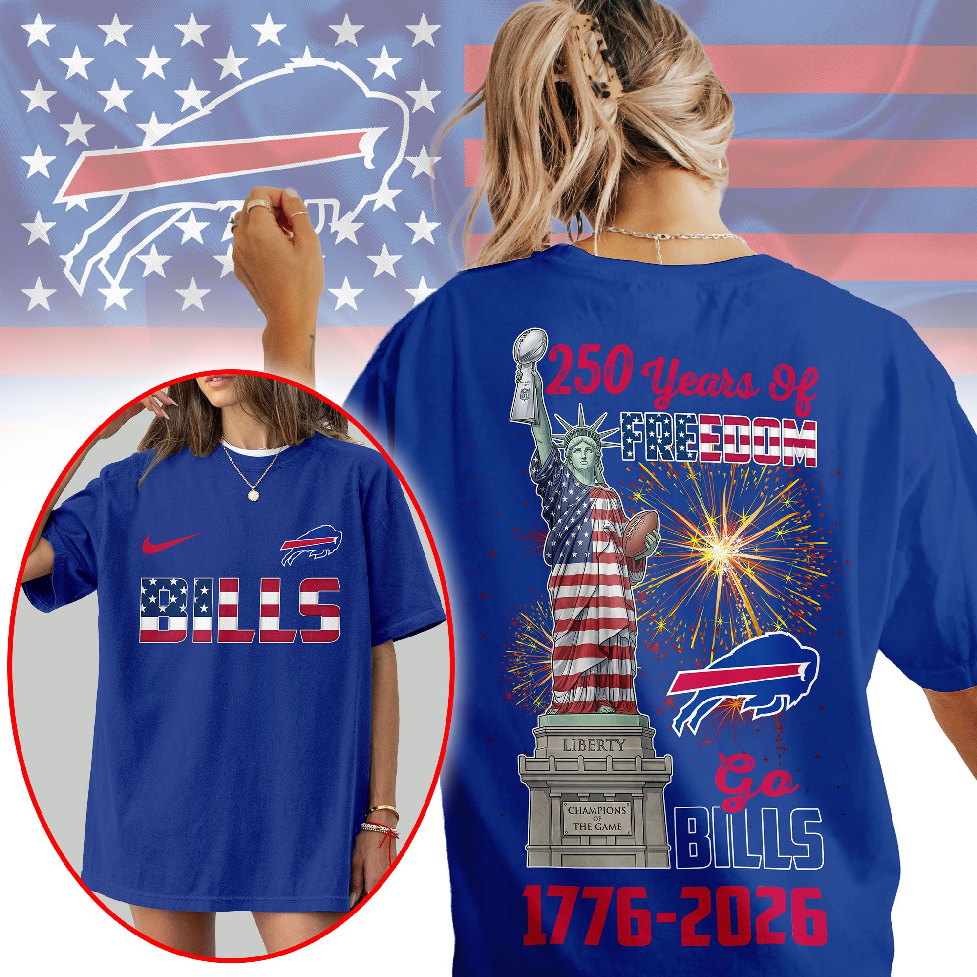 Buffalo Bills | Premium NFL Statue Of Liberty 250th Anniversary 3D Shirt TTH210523 - Image 2