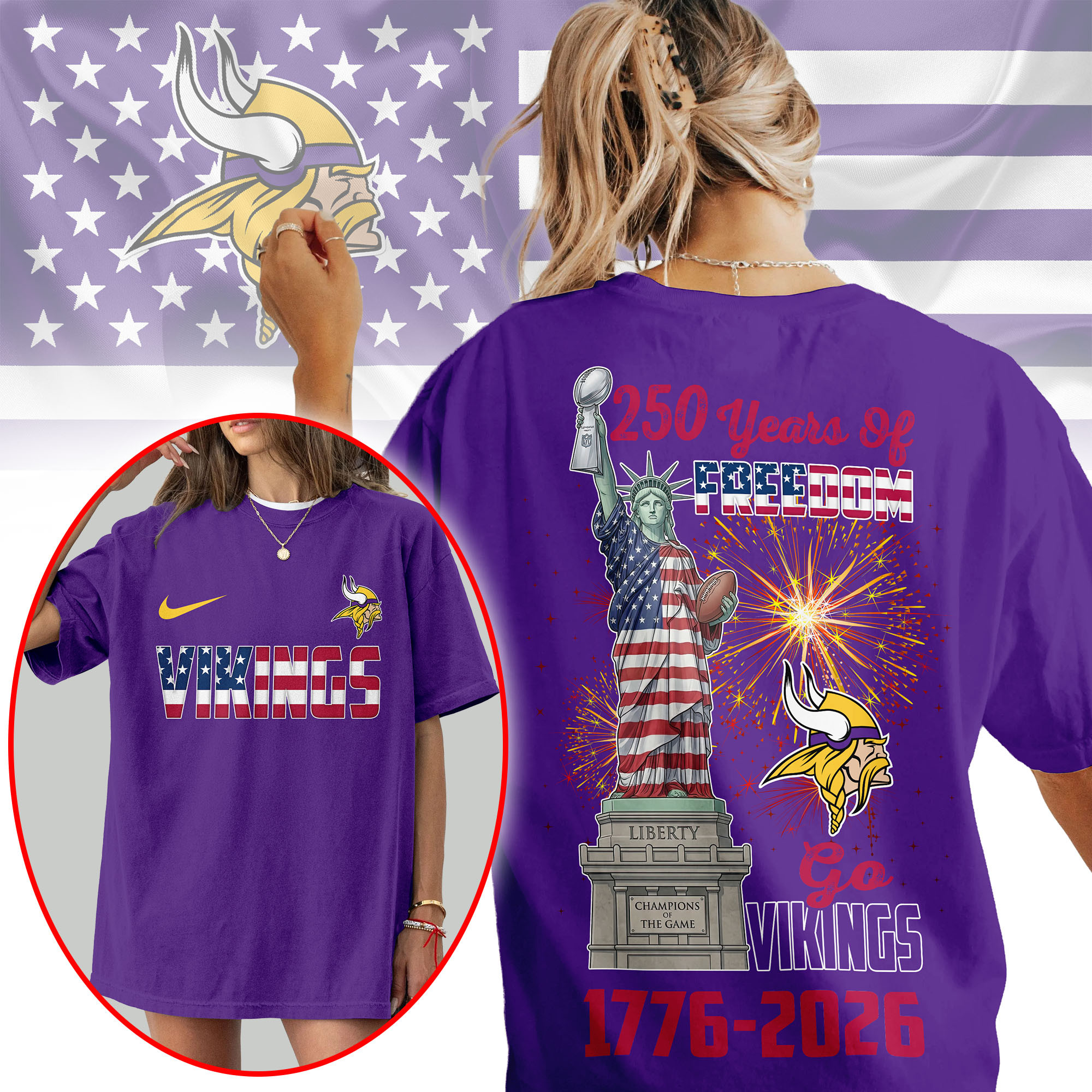 Minnesota Vikings | Premium NFL Statue Of Liberty 250th Anniversary 3D Shirt TTH210523 - Image 2