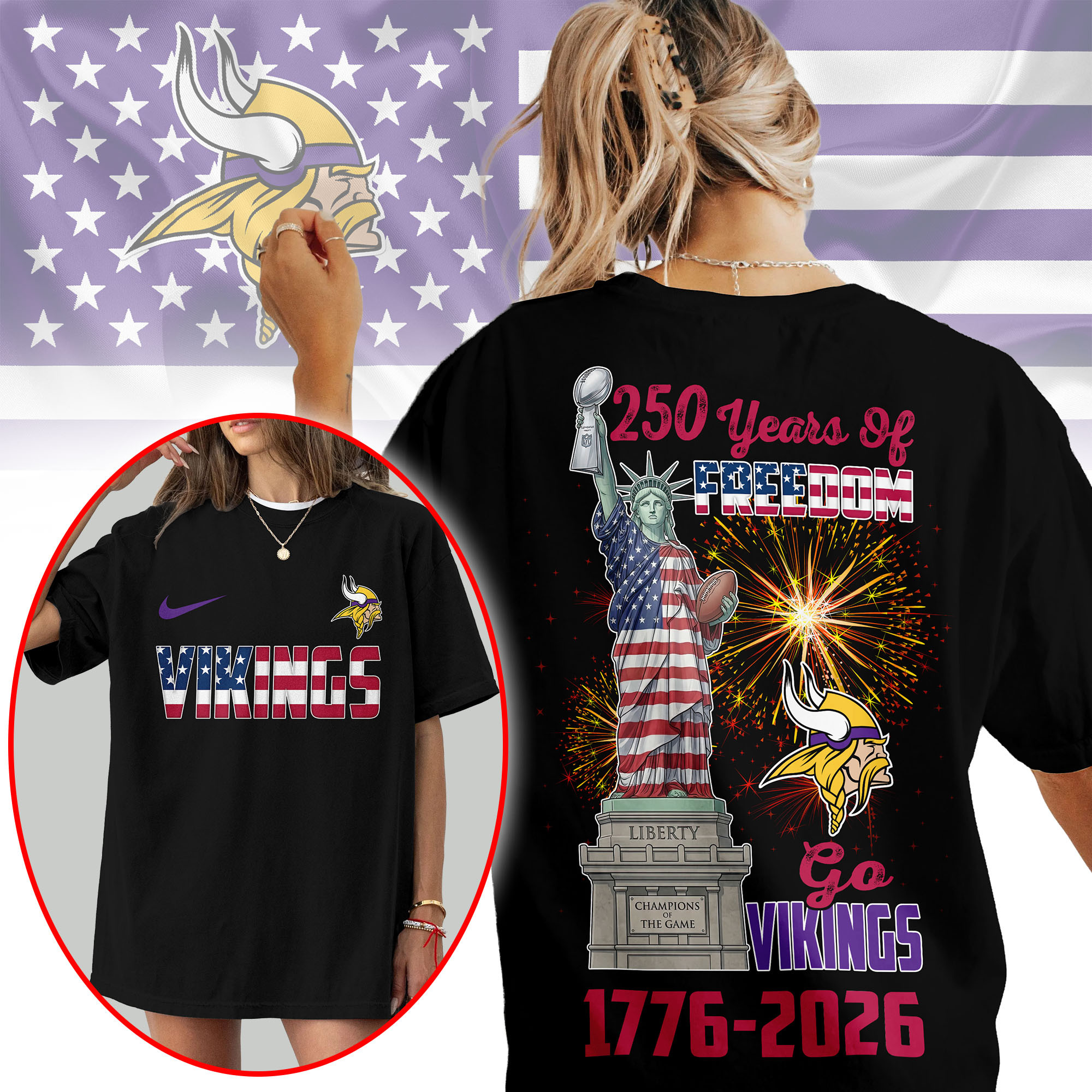 Minnesota Vikings | Premium NFL Statue Of Liberty 250th Anniversary 3D Shirt TTH210523