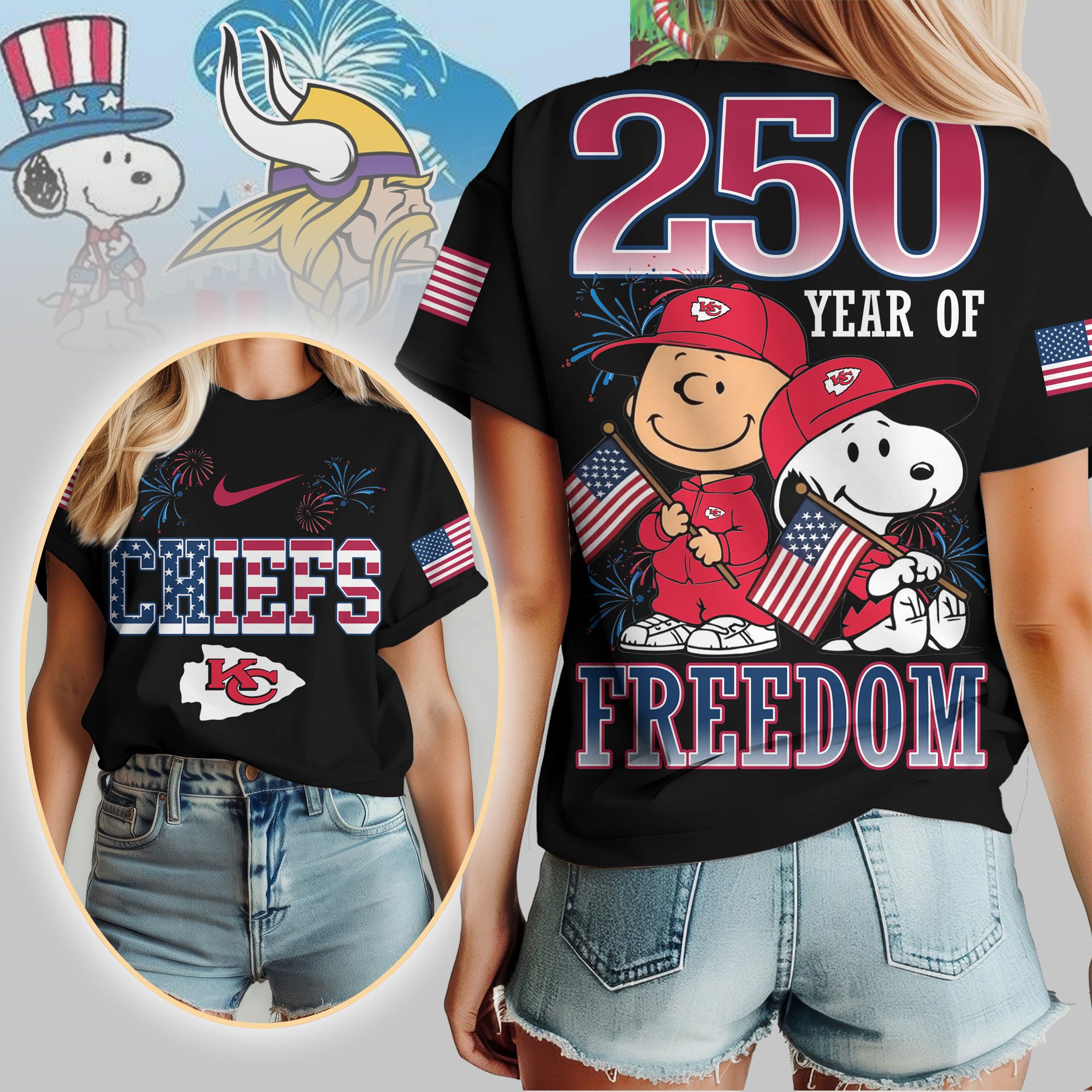 Kansas City Chiefs | Premium NFL Peanuts 250 Years Of Freedom 3D Shirt TTH210529