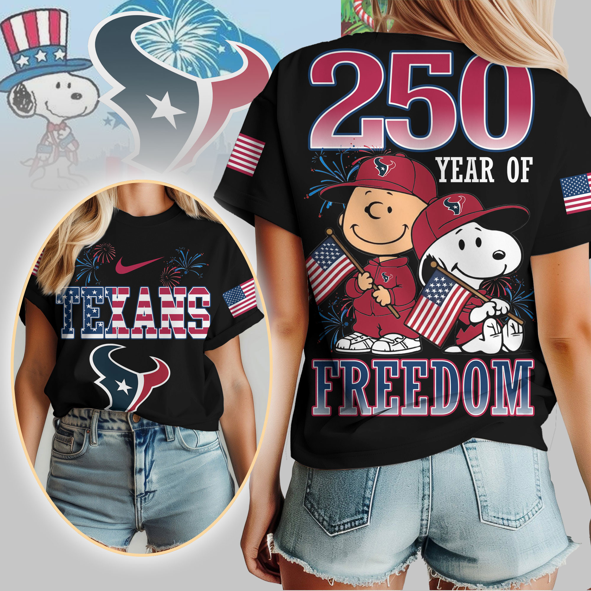 Houston Texans | Premium NFL Peanuts 250 Years Of Freedom 3D Shirt TTH210529