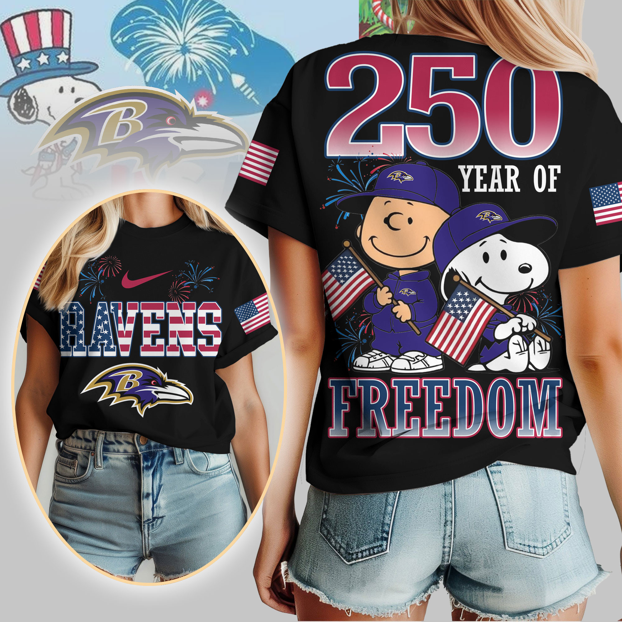 Baltimore Ravens | Premium NFL Peanuts 250 Years Of Freedom 3D Shirt TTH210529