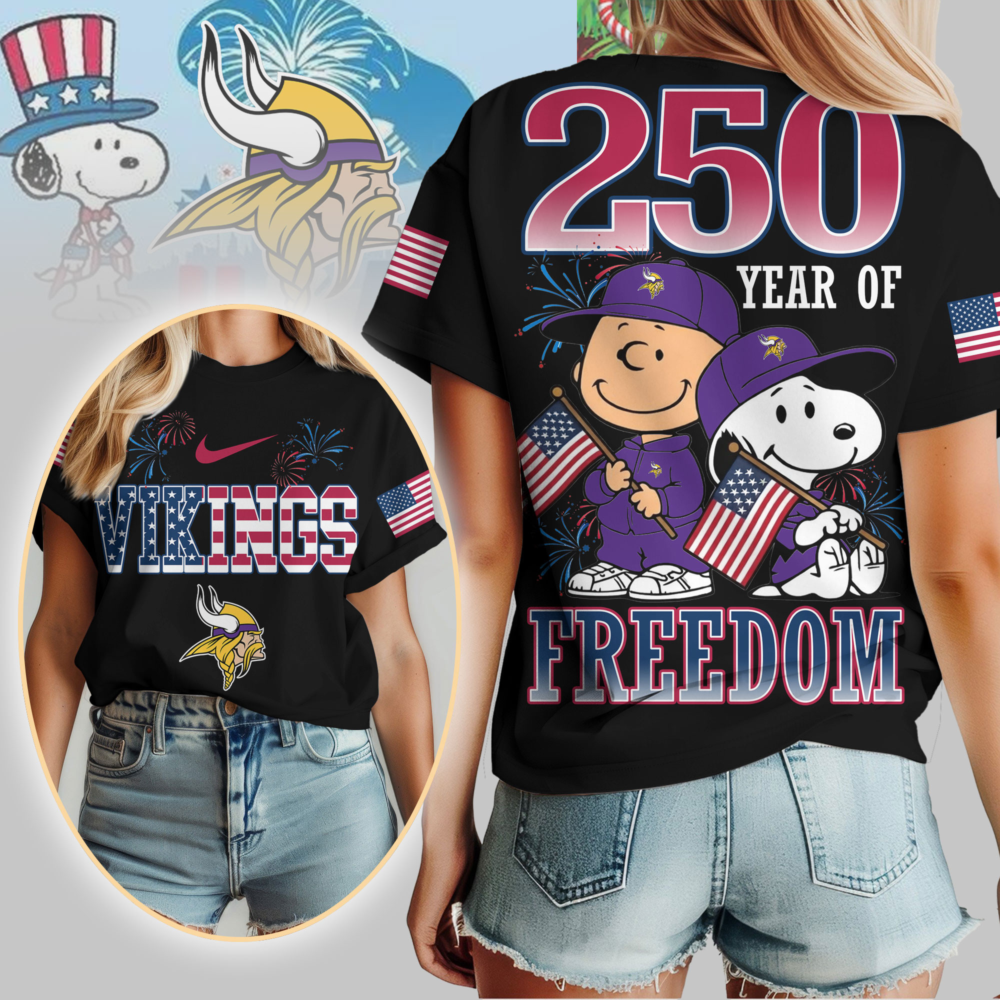 Minnesota Vikings | Premium NFL Peanuts 250 Years Of Freedom 3D Shirt TTH210529