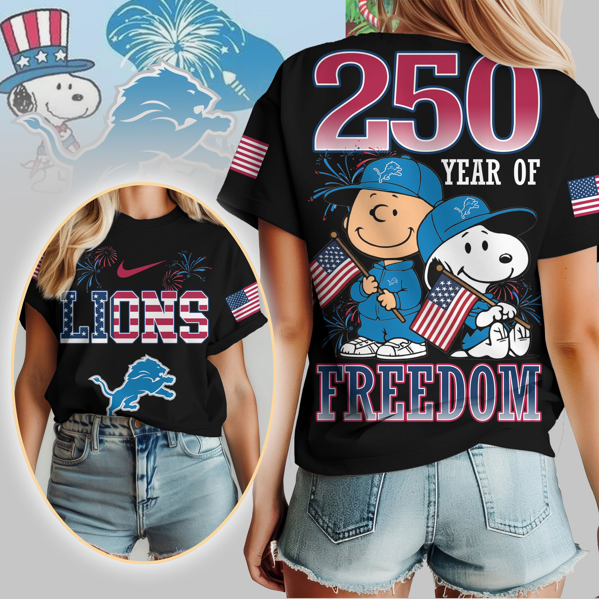 Detroit Lions | Premium NFL Peanuts 250 Years Of Freedom 3D Shirt TTH210529