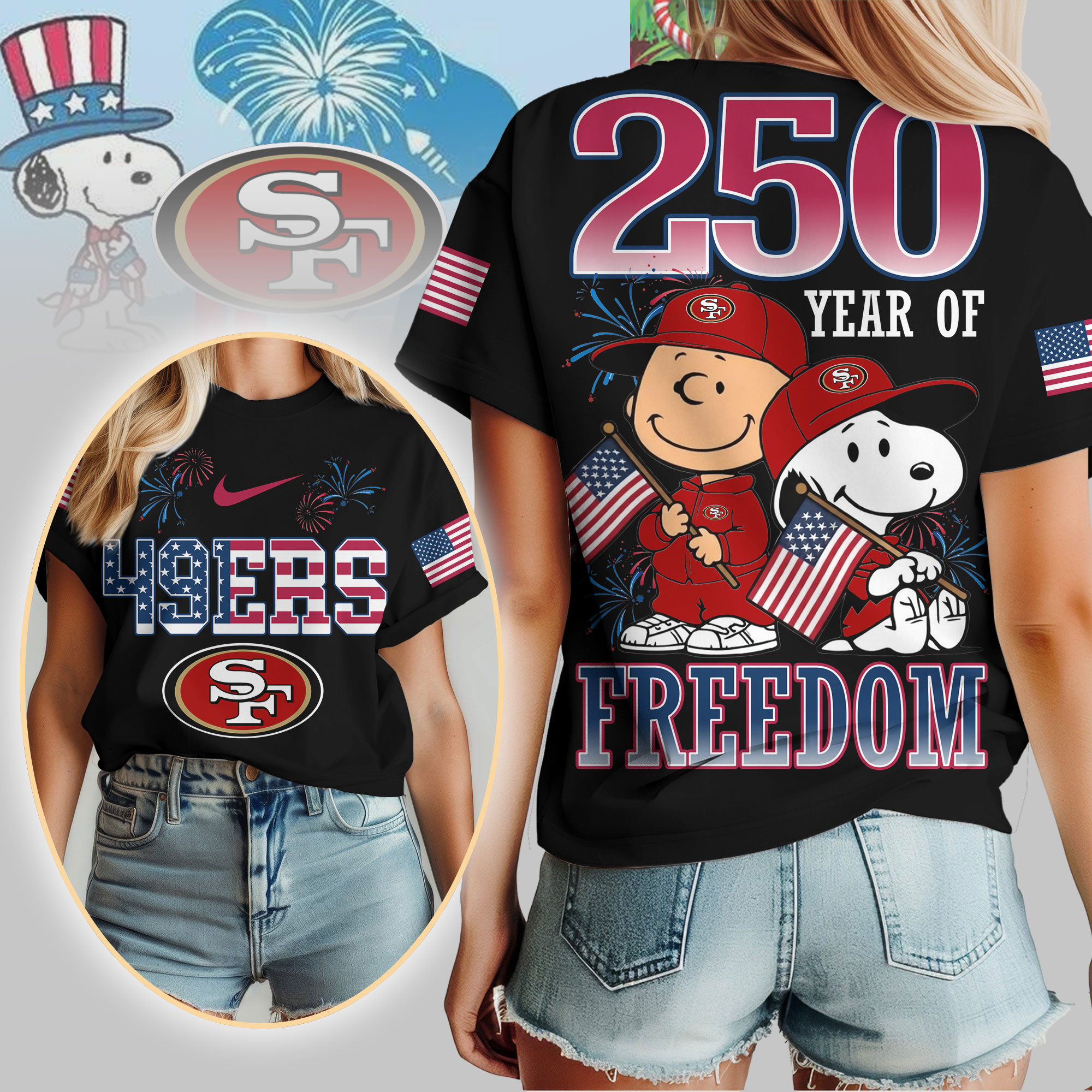 San Francisco 49ers | Premium NFL Peanuts 250 Years Of Freedom 3D Shirt TTH210529