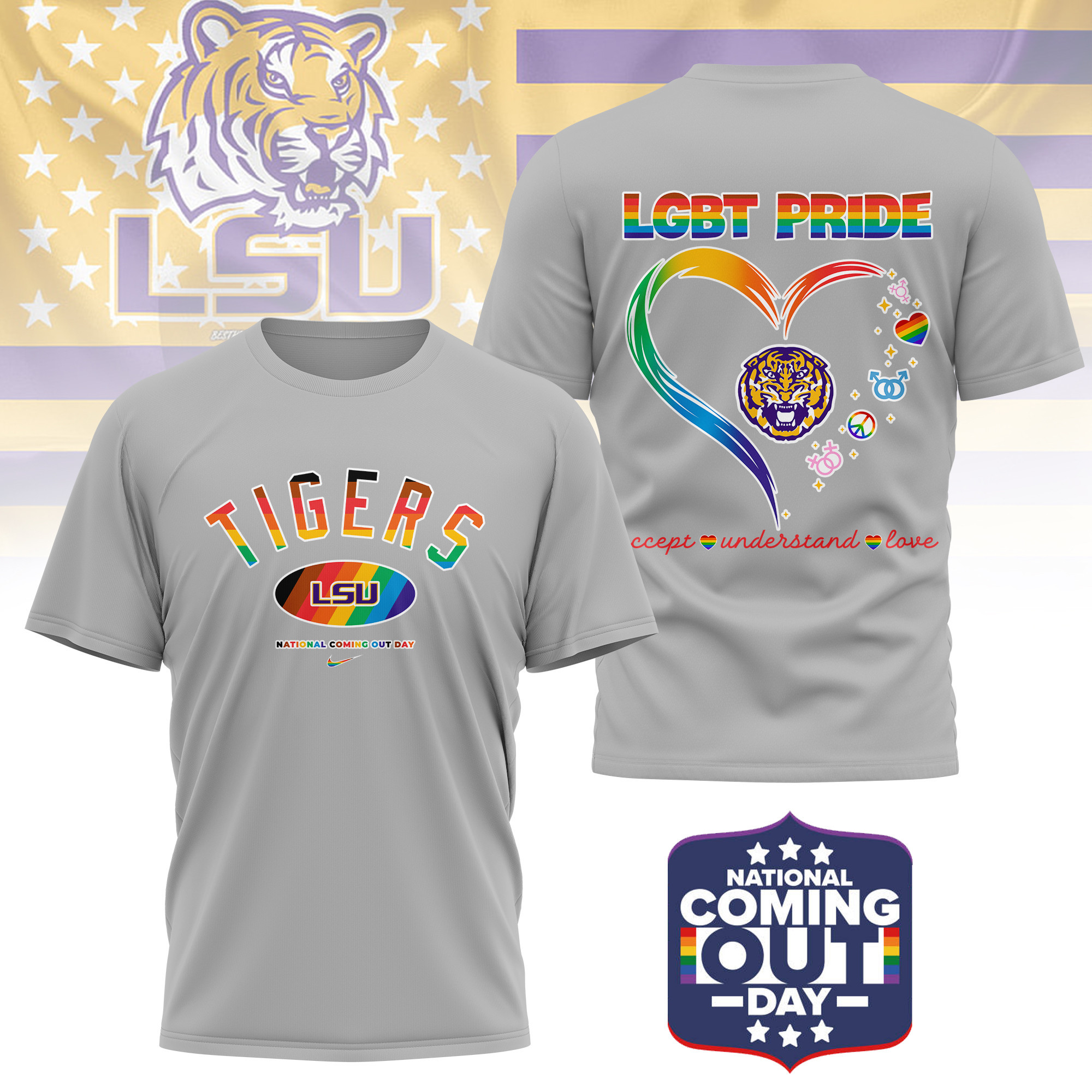 LSU Tigers | Premium NCAA National Coming Out Day 3D Shirt TTH210592 - Image 2