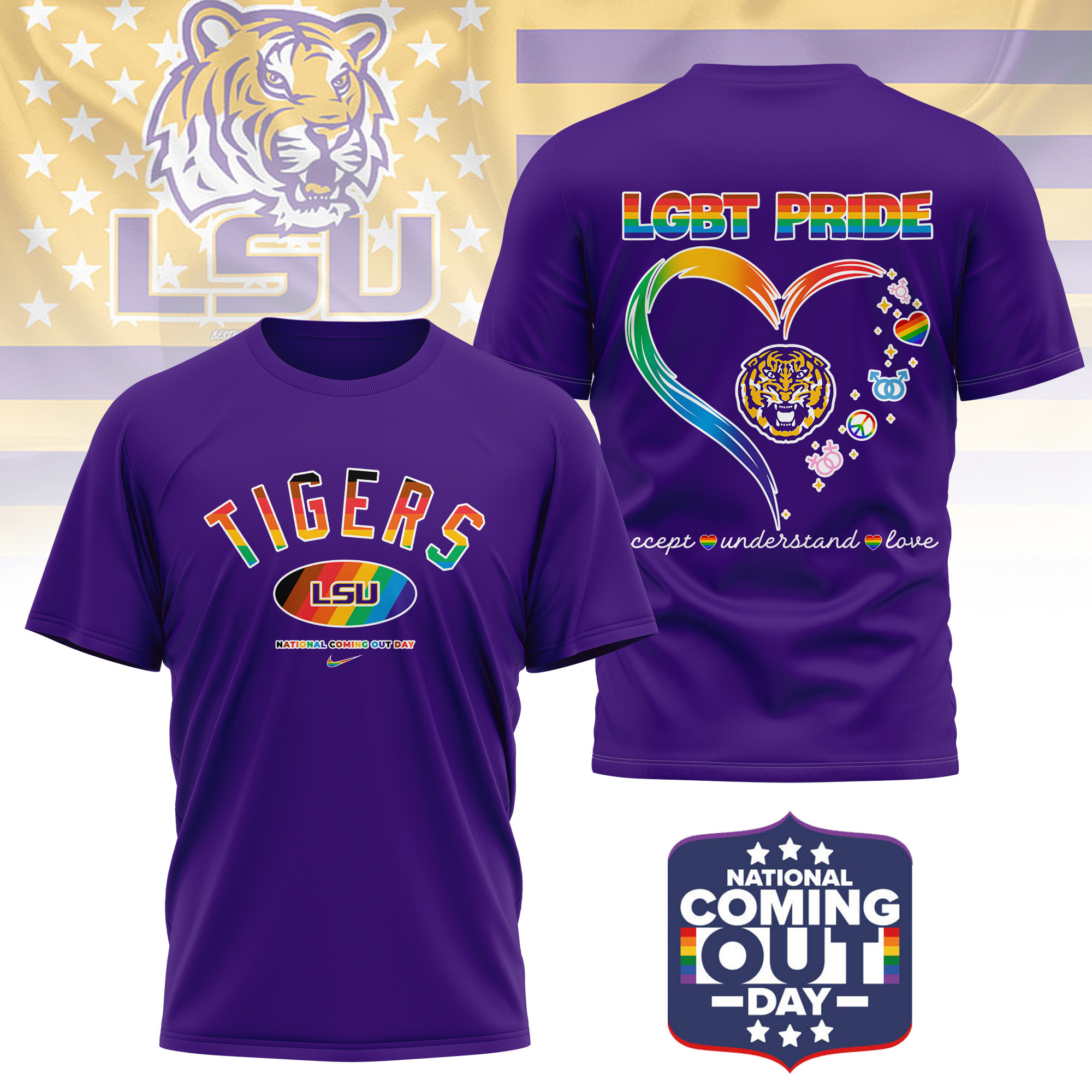 LSU Tigers | Premium NCAA National Coming Out Day 3D Shirt TTH210592 - Image 3