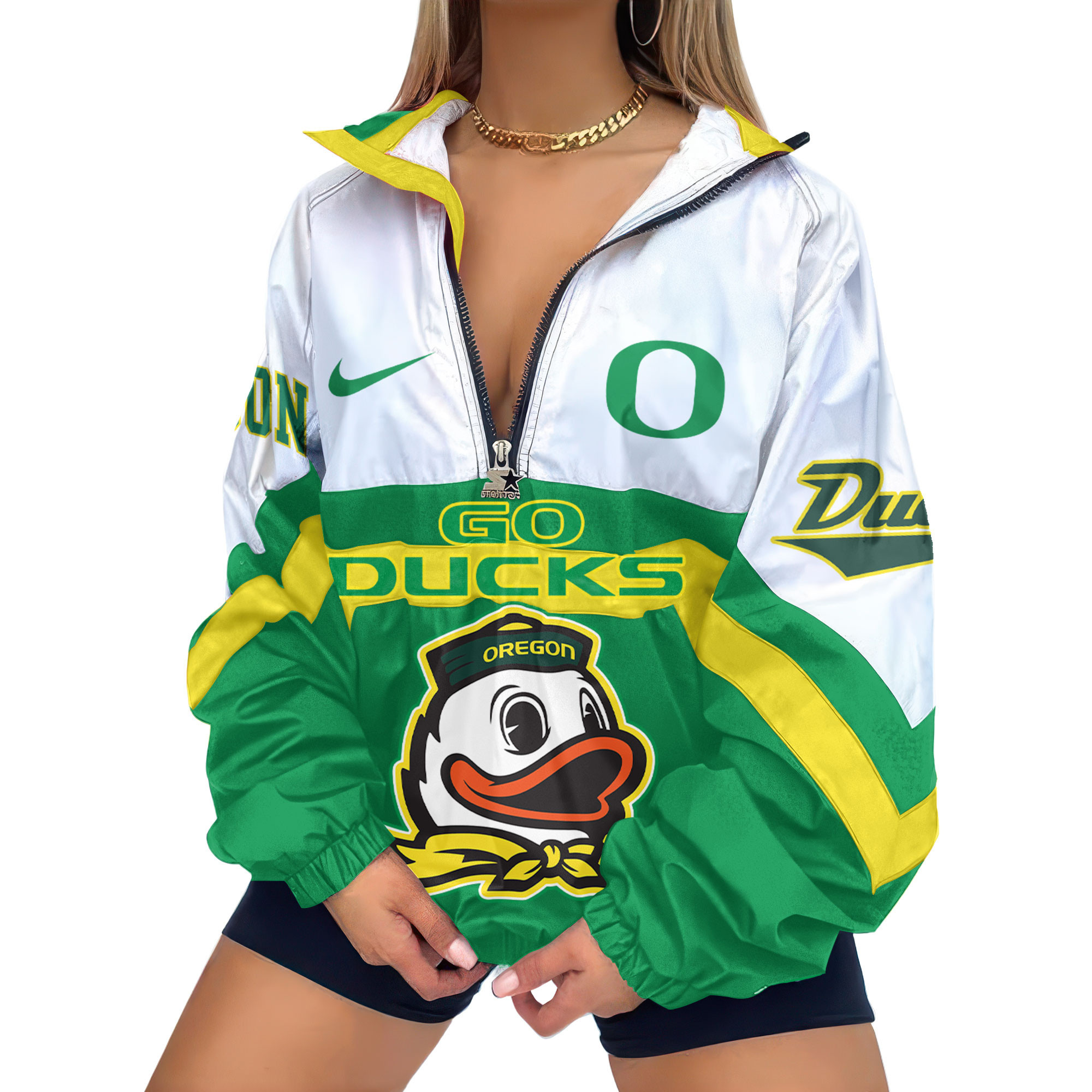 Oregon Ducks | Premium Women’s Printed V-Neck Zipper Sweatshirt Jackets TTH2105117