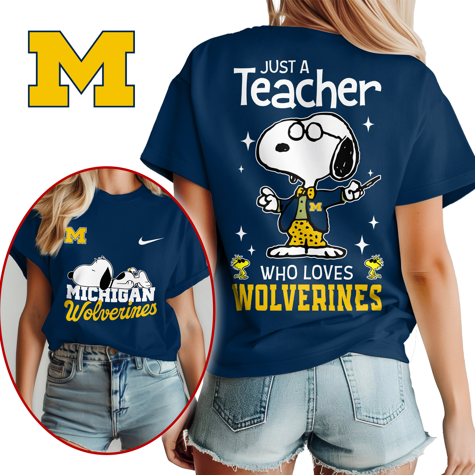 Michigan Wolverines | Premium NCAA Snoopy Teacher Appreciation Women Shirt TTH2105172 - Image 2