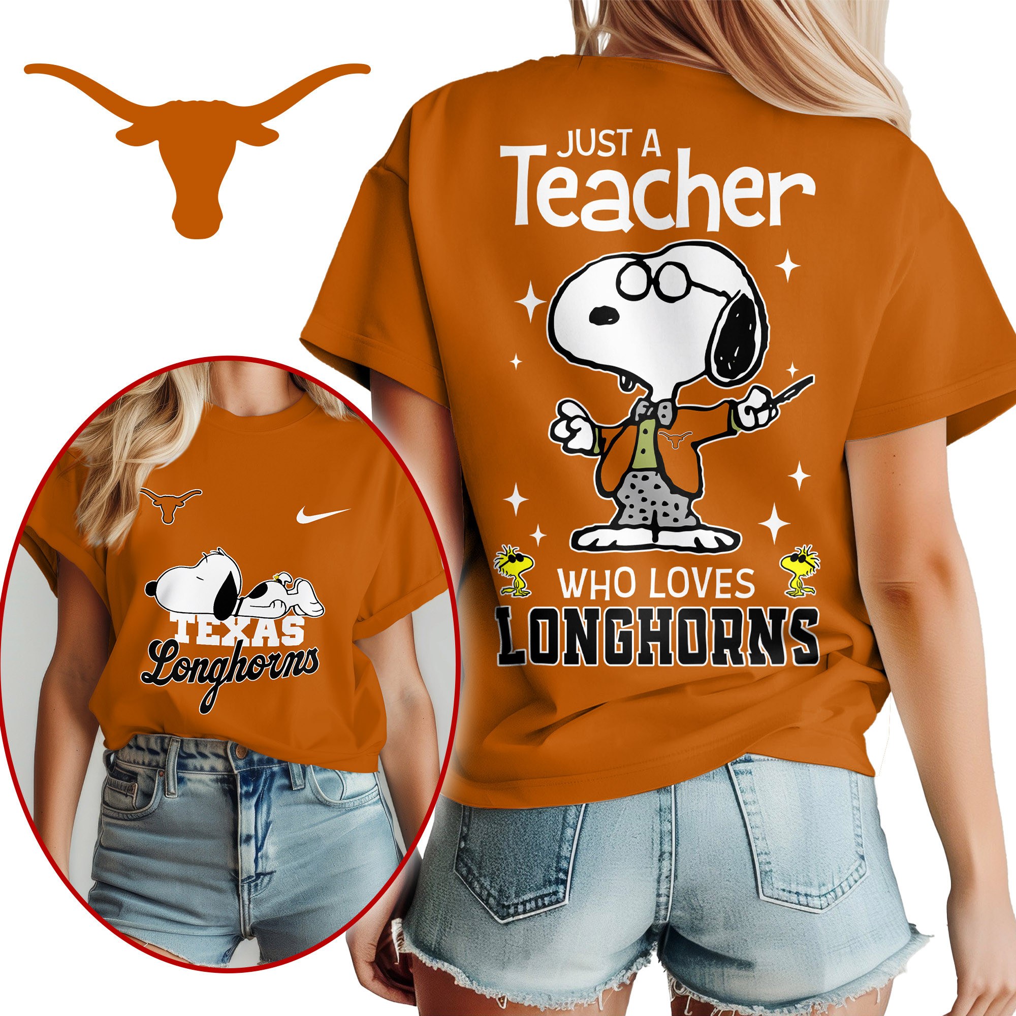 Texas Longhorns | Premium NCAA Snoopy Teacher Appreciation Women Shirt TTH2105172 - Image 2