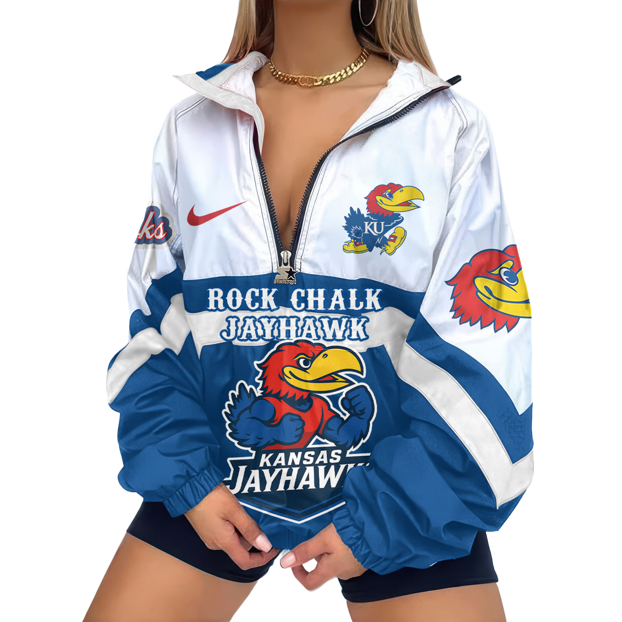 Kansas Jayhawks | Premium Women’s Printed V-Neck Zipper Sweatshirt Jackets TTH2105117