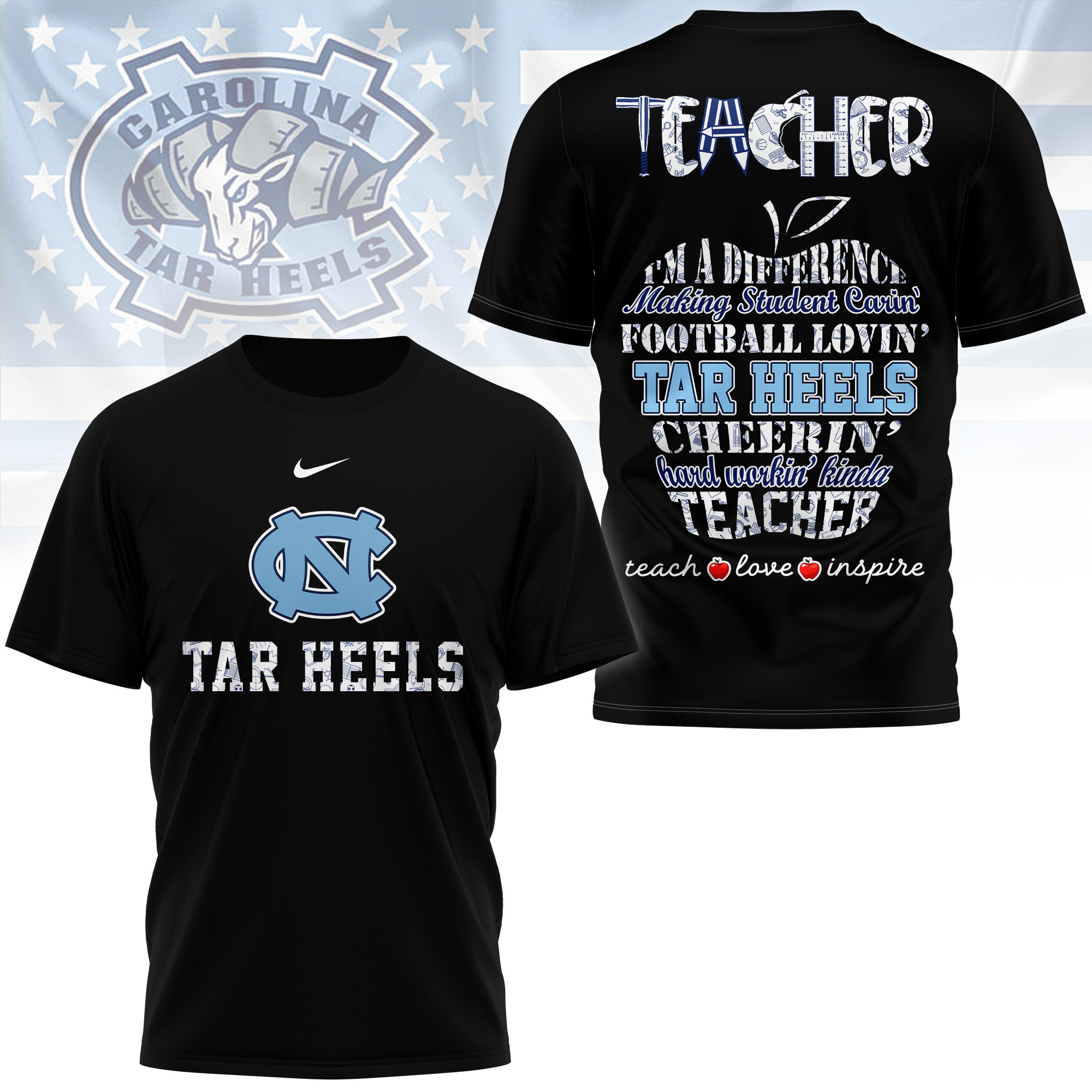 North Carolina Tar Heels | Premium Teacher Pride 3D Shirt TTH2105261 - Image 2