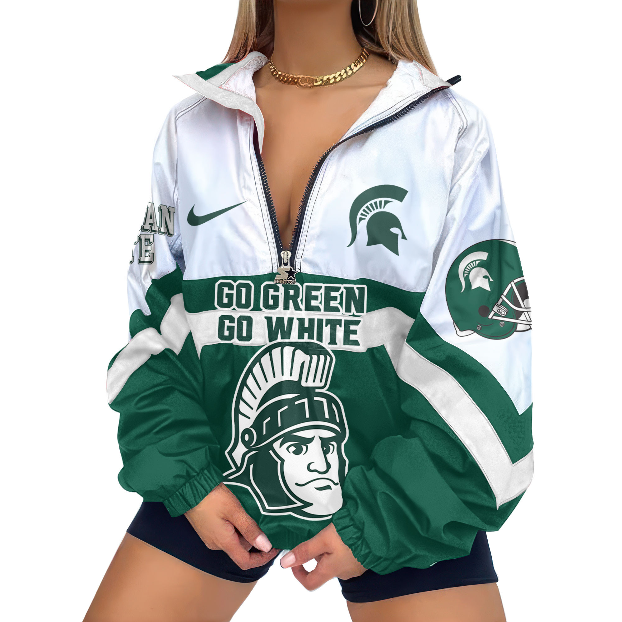 Michigan State Spartans | Premium Women’s Printed V-Neck Zipper Sweatshirt Jackets TTH2105117