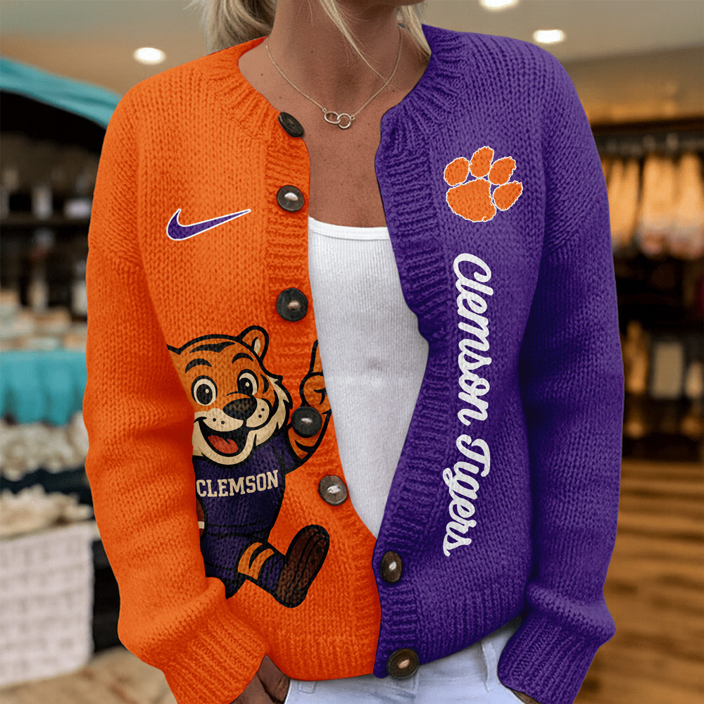 Clemson Tigers Premium NCAA Heartbeat Cozy Split Knit Cardigan TTH240500
