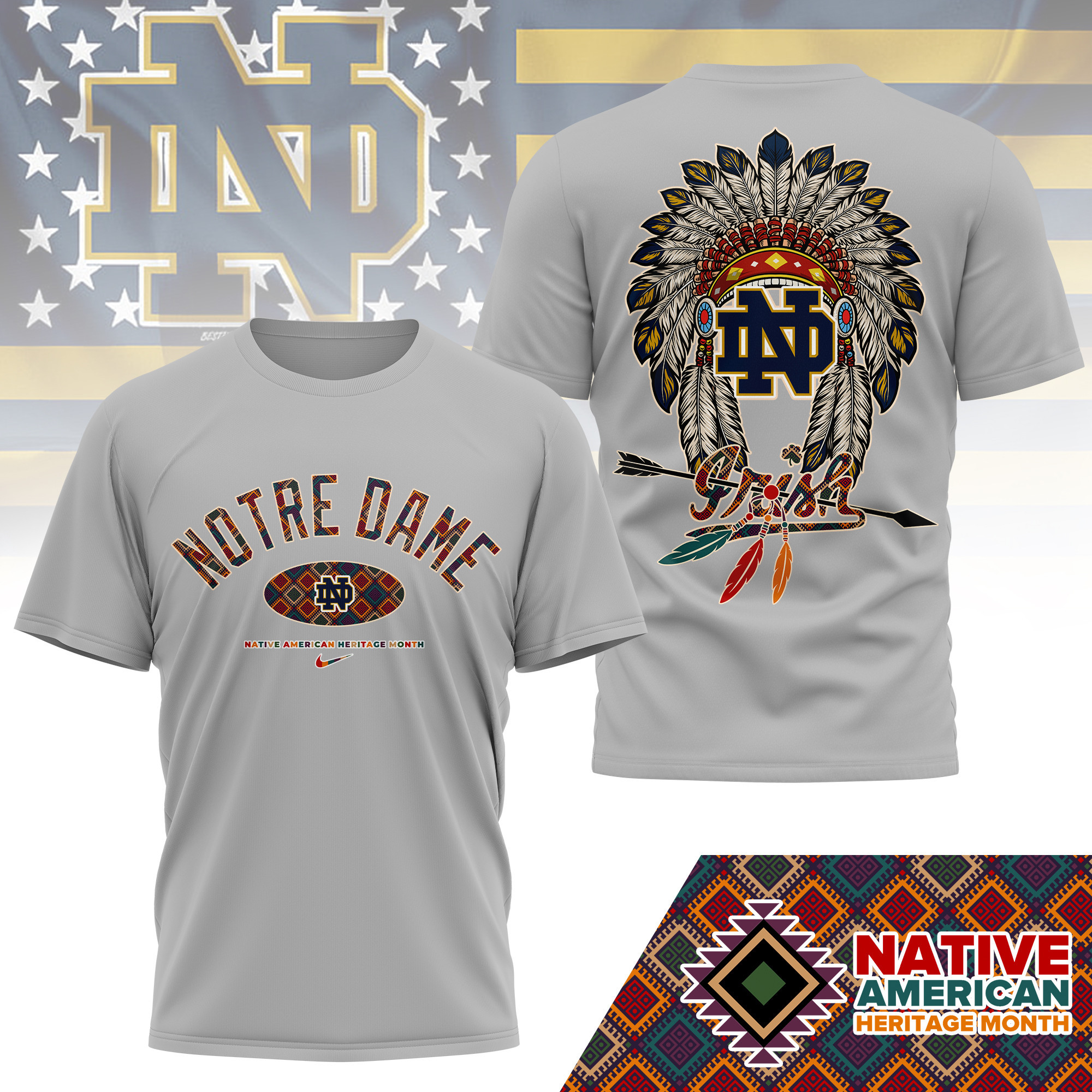 Notre Dame Fighting Irish Premium NCAA Native American Heritage Month 3D Shirt TTH240510 - Image 2