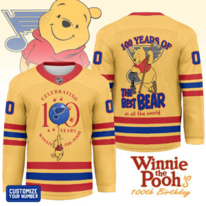 St. Louis Blues Premium NHL Winnie The Pooh 100th Anniversary Hockey Jersey TTH240518