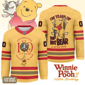 Anaheim Ducks Premium NHL Winnie The Pooh 100th Anniversary Hockey Jersey TTH240518