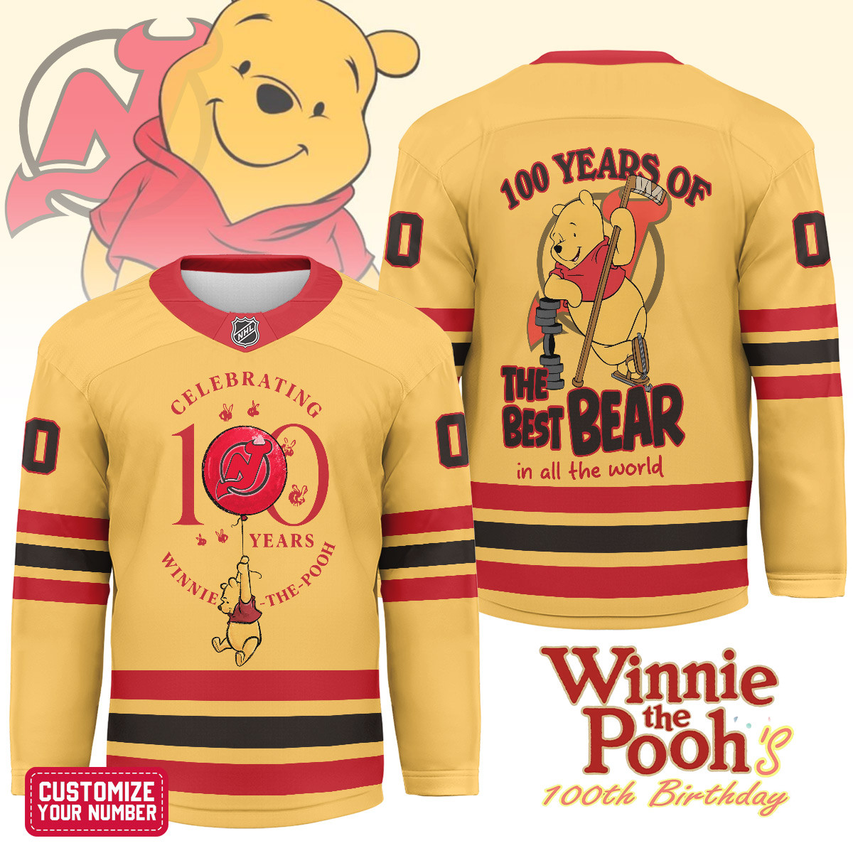 New Jersey Devils Premium NHL Winnie The Pooh 100th Anniversary Hockey Jersey TTH240518