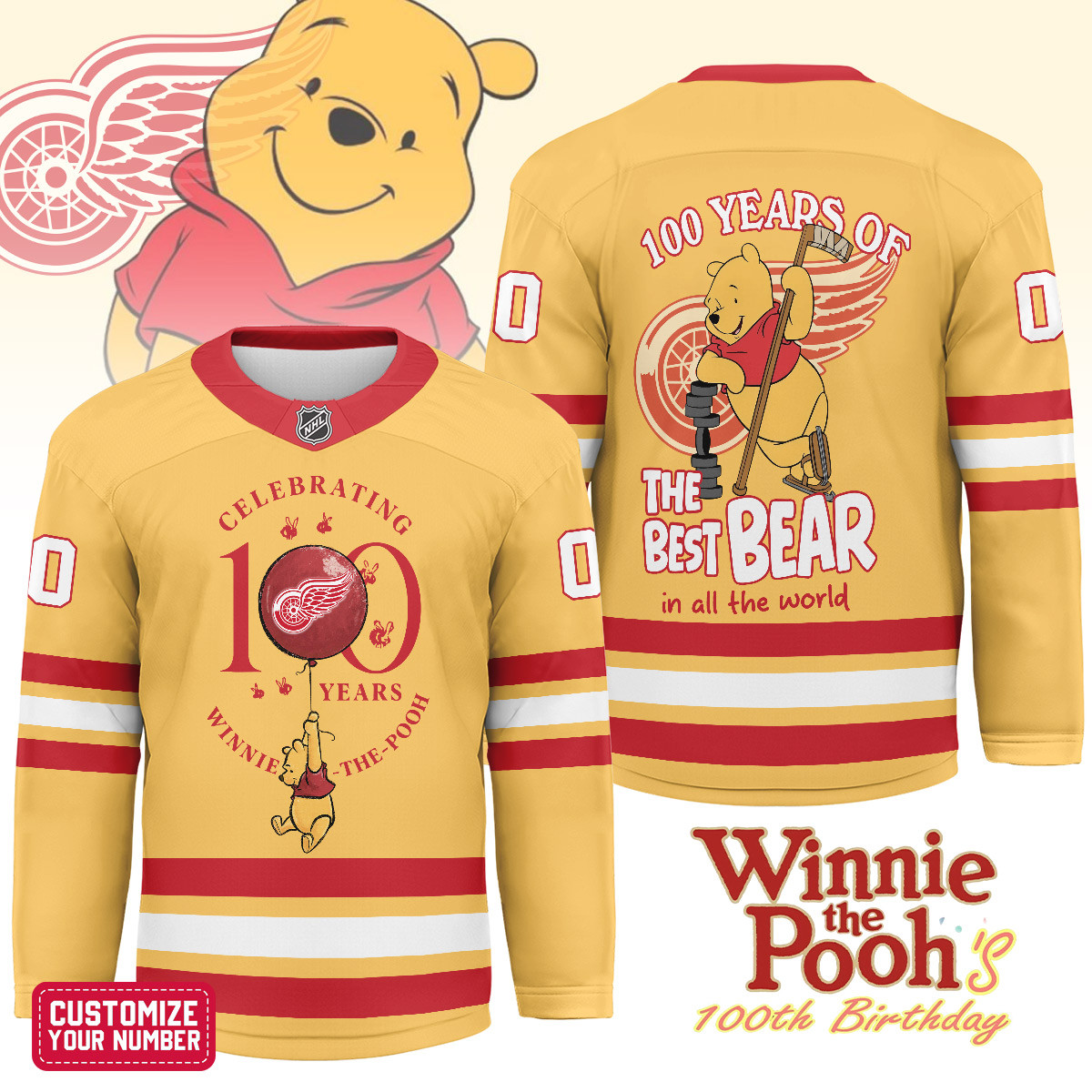 Detroit Red Wings Premium NHL Winnie The Pooh 100th Anniversary Hockey Jersey TTH240518