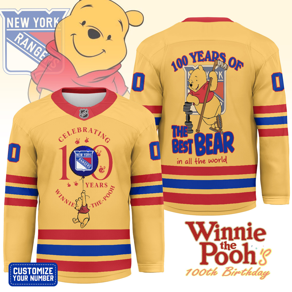 New York Rangers Premium NHL Winnie The Pooh 100th Anniversary Hockey Jersey TTH240518