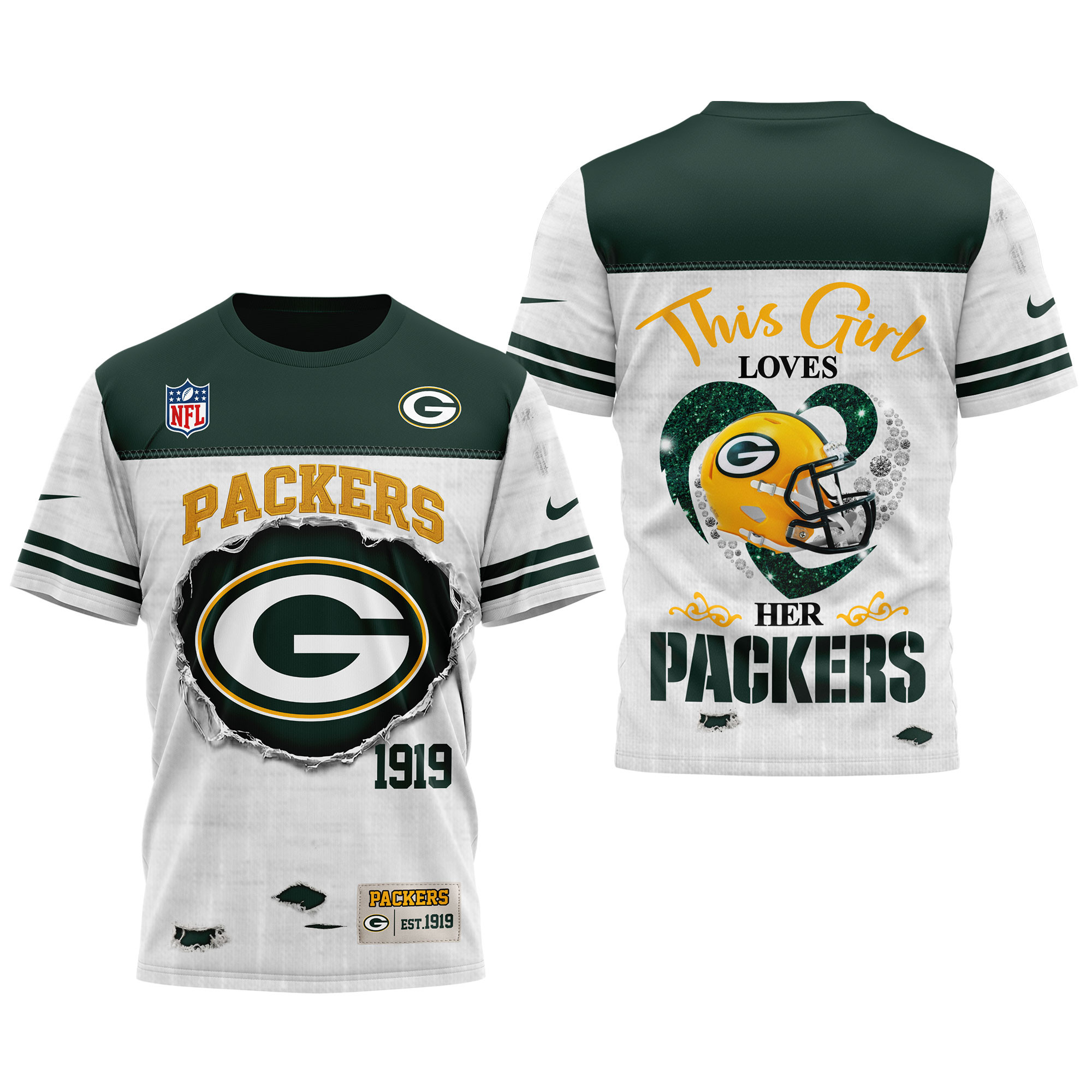 Green Bay Packers x Premium NFL Girl Heart & Helmet 3D Shirt TTH300503 - Image 3
