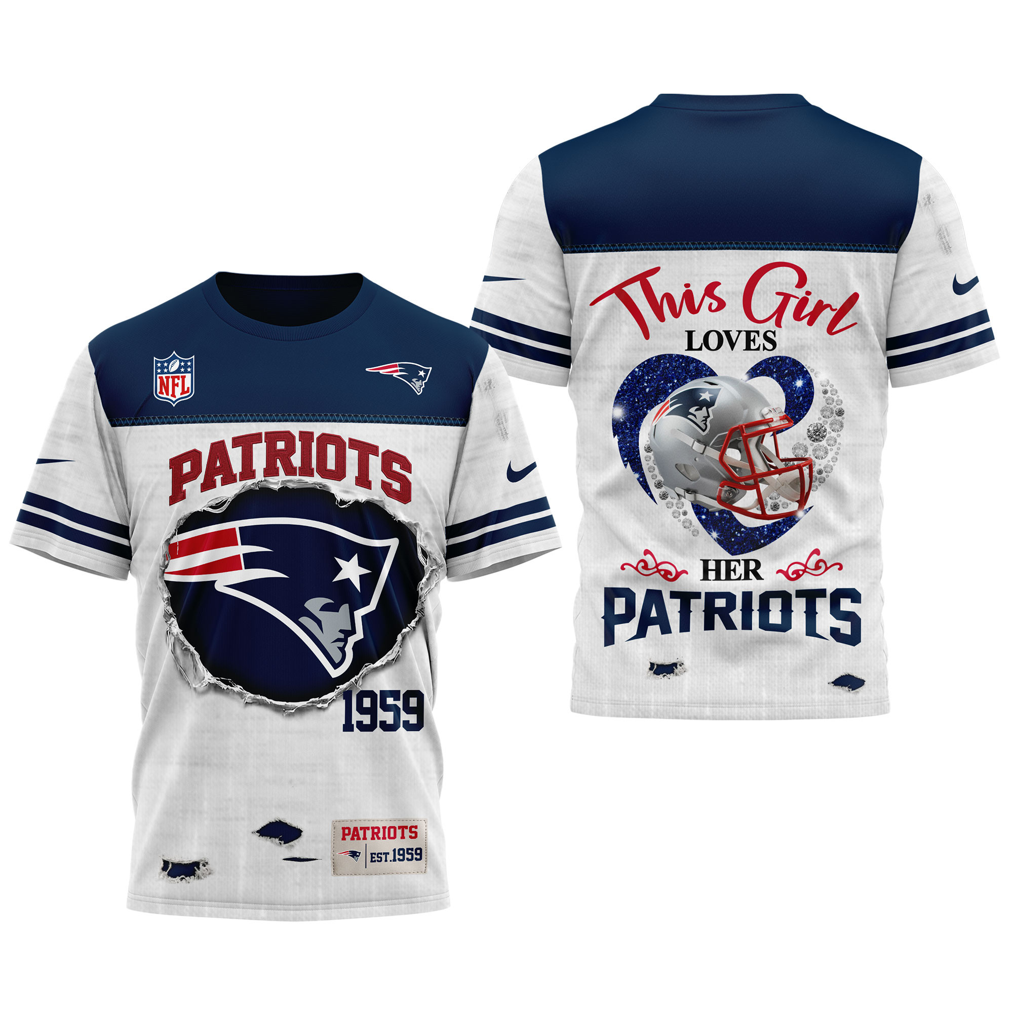 New England Patriots x Premium NFL Girl Heart & Helmet 3D Shirt TTH300503 - Image 3