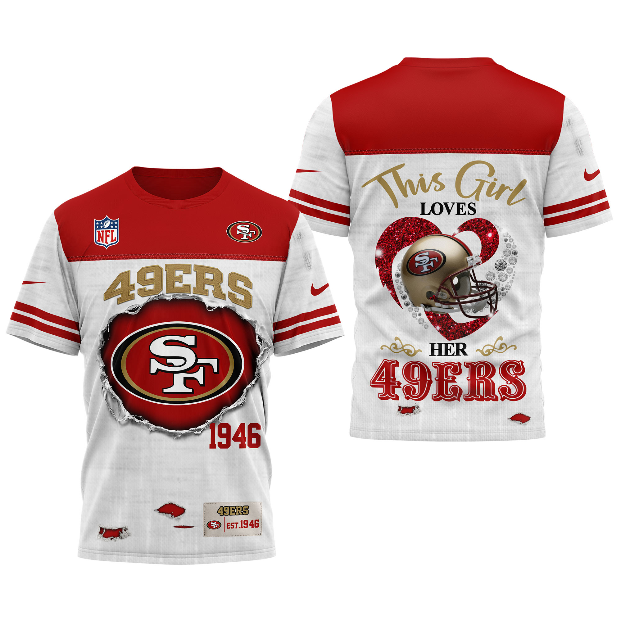 San Francisco 49ers x Premium NFL Girl Heart & Helmet 3D Shirt TTH300503 - Image 3