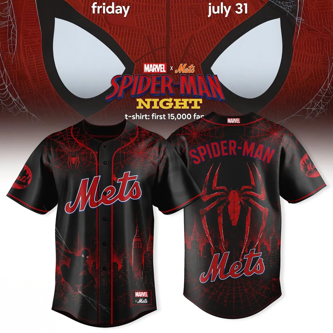 Marvel x New York Mets Spider Man Black Red Baseball Jersey Collection