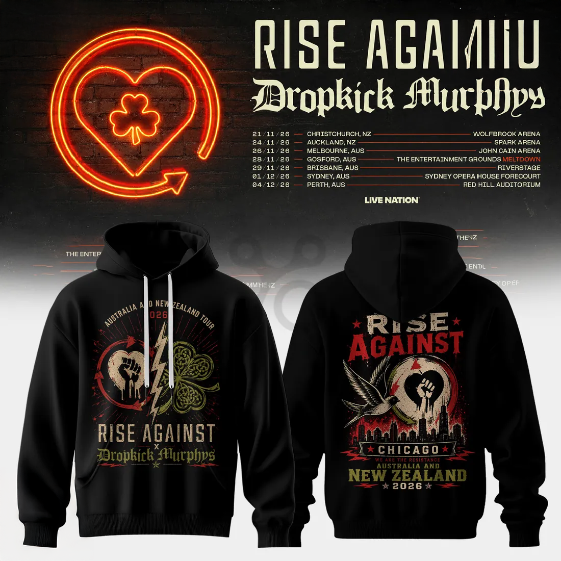 Rise Against X Dropkick Murphys 2026 Tour Official Black Hoodie