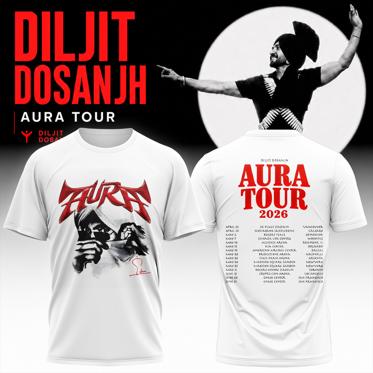 Diljit Dosanjh Aura World Tour 2026 Official Concert Graphic T-Shirt
